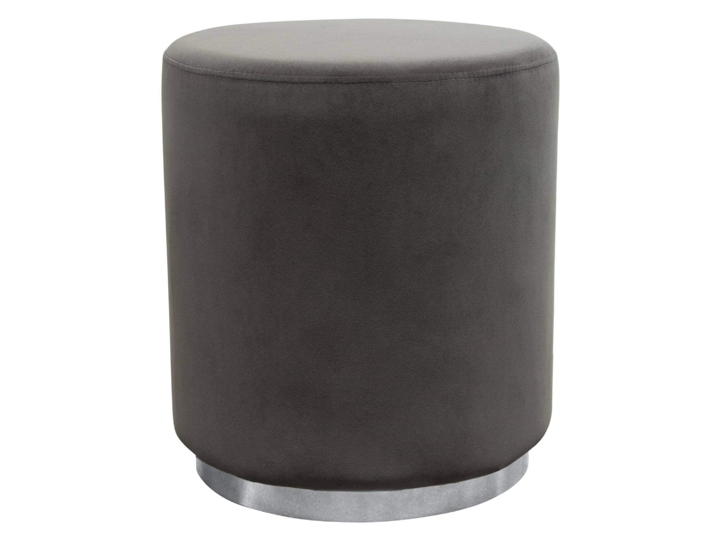 WHISPER PETITE ROUND OTTOMAN - GREY w/ SILVER BASE - H 19" / 17" Diameter LLL's Whisper Petite Round Ottoman in Grey is a velvet small round footstool style ottoman with a chrome base. This lovely little ottoman is an on trend furniture accent that adds d