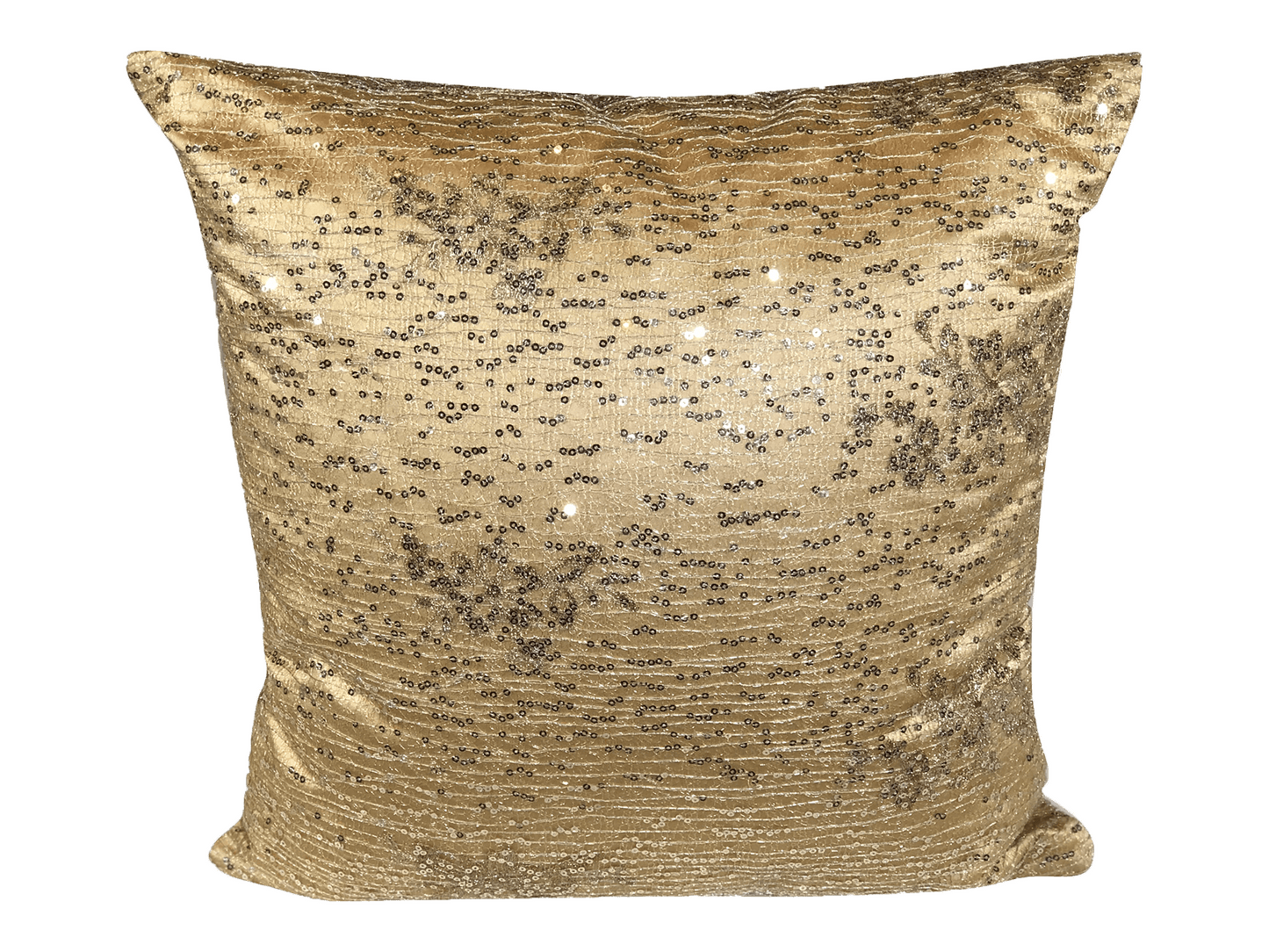 SEQUIN PILLOW - CONTEMPORARY GOLD - H 18" / W 18" LLL's Sequin Pillow in Contemporary Gold is a golden satin square pillow with gold sequin paillettes designed to add warm golden sparkle to your event decor.