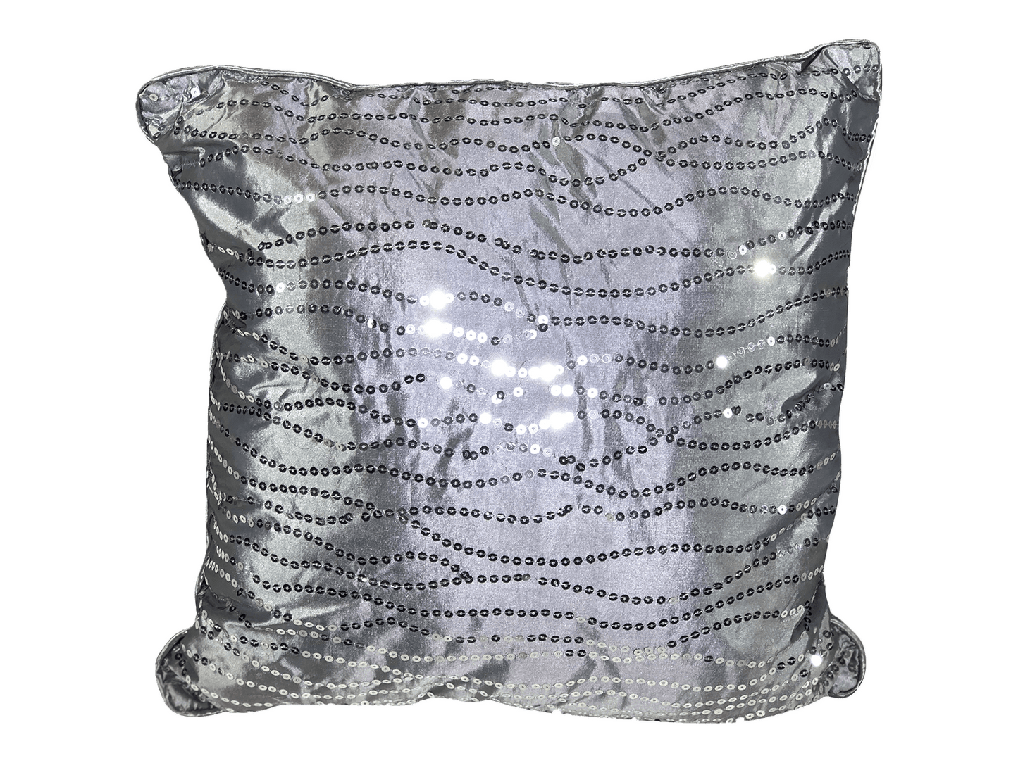 SEQUIN PILLOW - CONTEMPORARY GREY - H 18" / W 18" LLL's Sequin Pillow in Contemporary Grey is a silver satin square pillow with charcoal sequin paillettes designed to add cool metallic sparkle to your event decor.