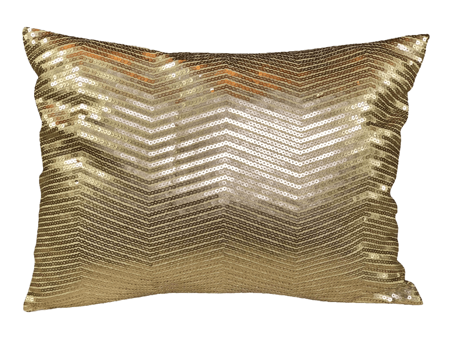 SEQUIN PILLOW - GOLD CHEVRON - H 12" / W 18" LLL's Sequin Pillow in Gold Chevron is a golden satin rectangular pillow with gold sequins in a chevron pattern designed to add chic golden sparkle to your event decor.