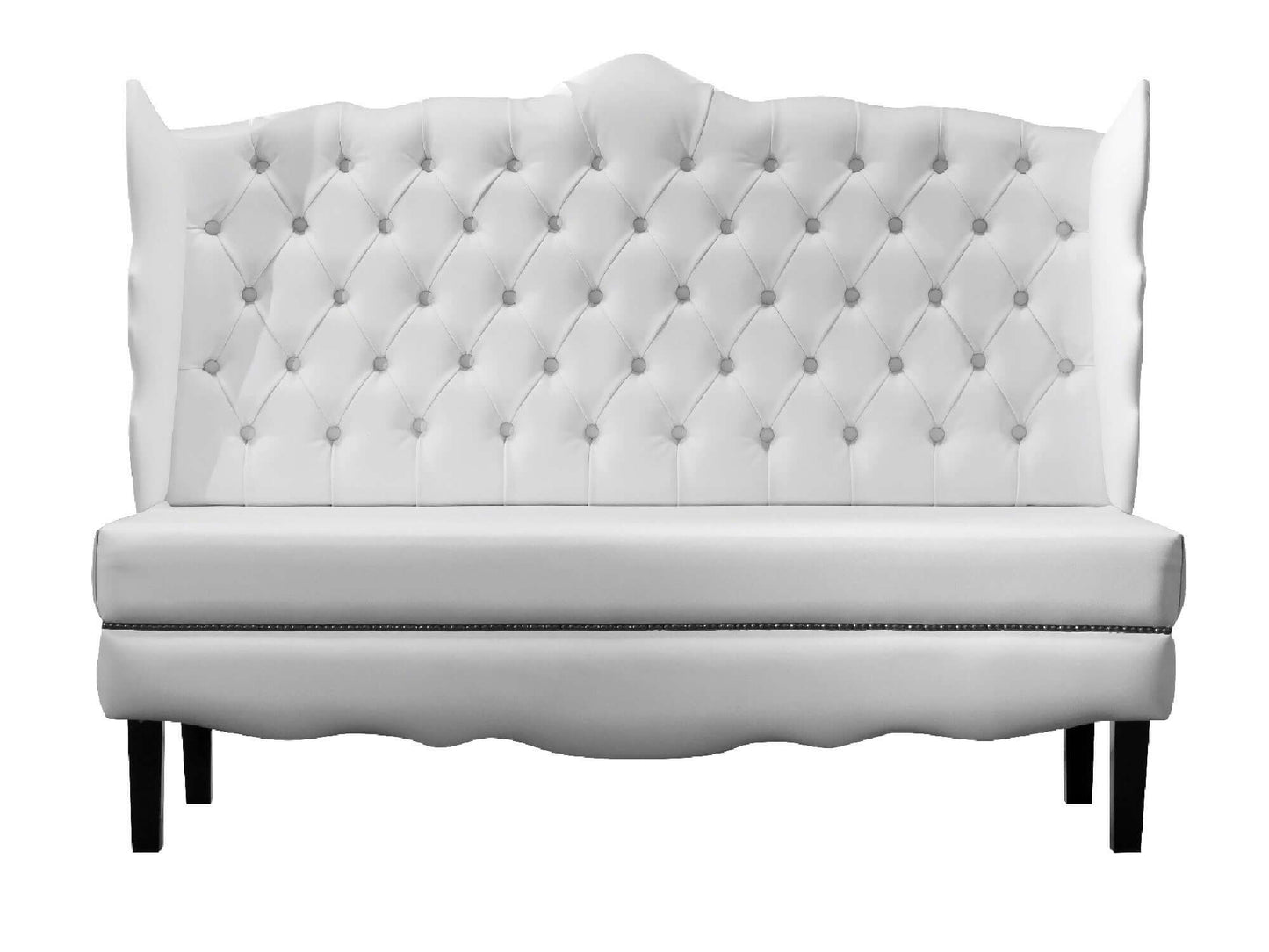 SEVILLE LOVESEAT - H 48" / W 59" / D 24" / D(seat) 18" This Seville loveseat is cute and cozy. This small loveseat features button tufted white leather with winged sides and brown stitching detail along the bottom. Add some antique charm to your event wit