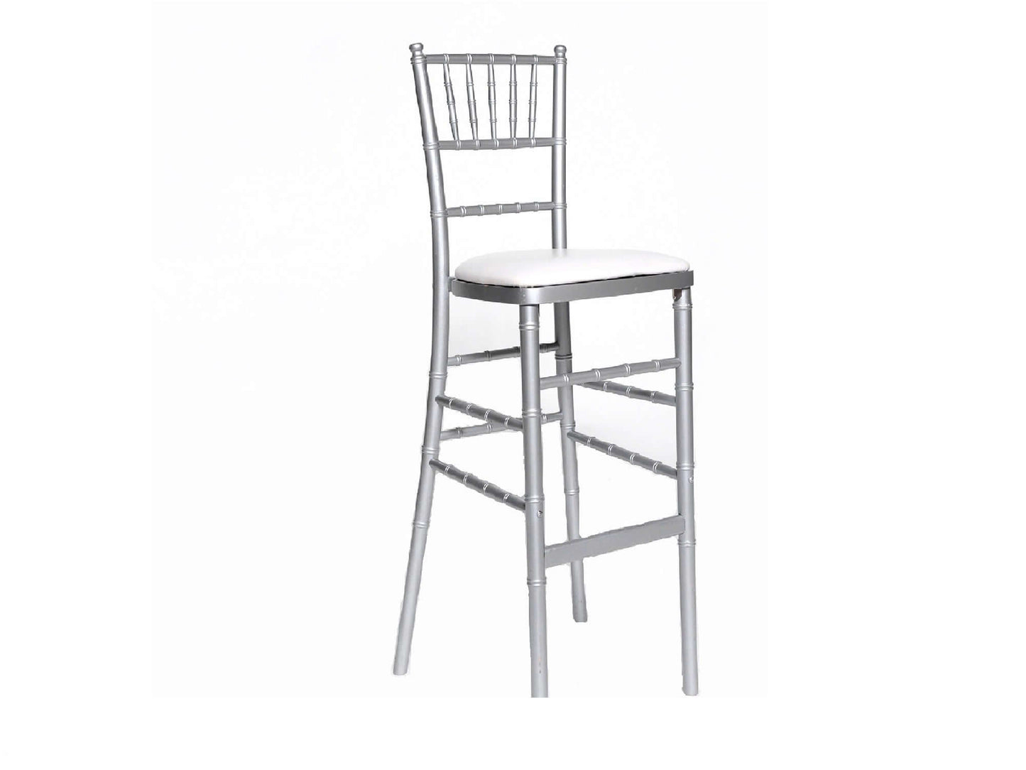 CHIAVARI BARSTOOL - SILVER - H 45" / W 18" / D 18" LLL's Chiavari Barstool in Silver is a bar height stool styled to resemble traditional Chiavari dining chairs. It has a luxurious metallic silver finish that combines traditional beauty and modern cool.
