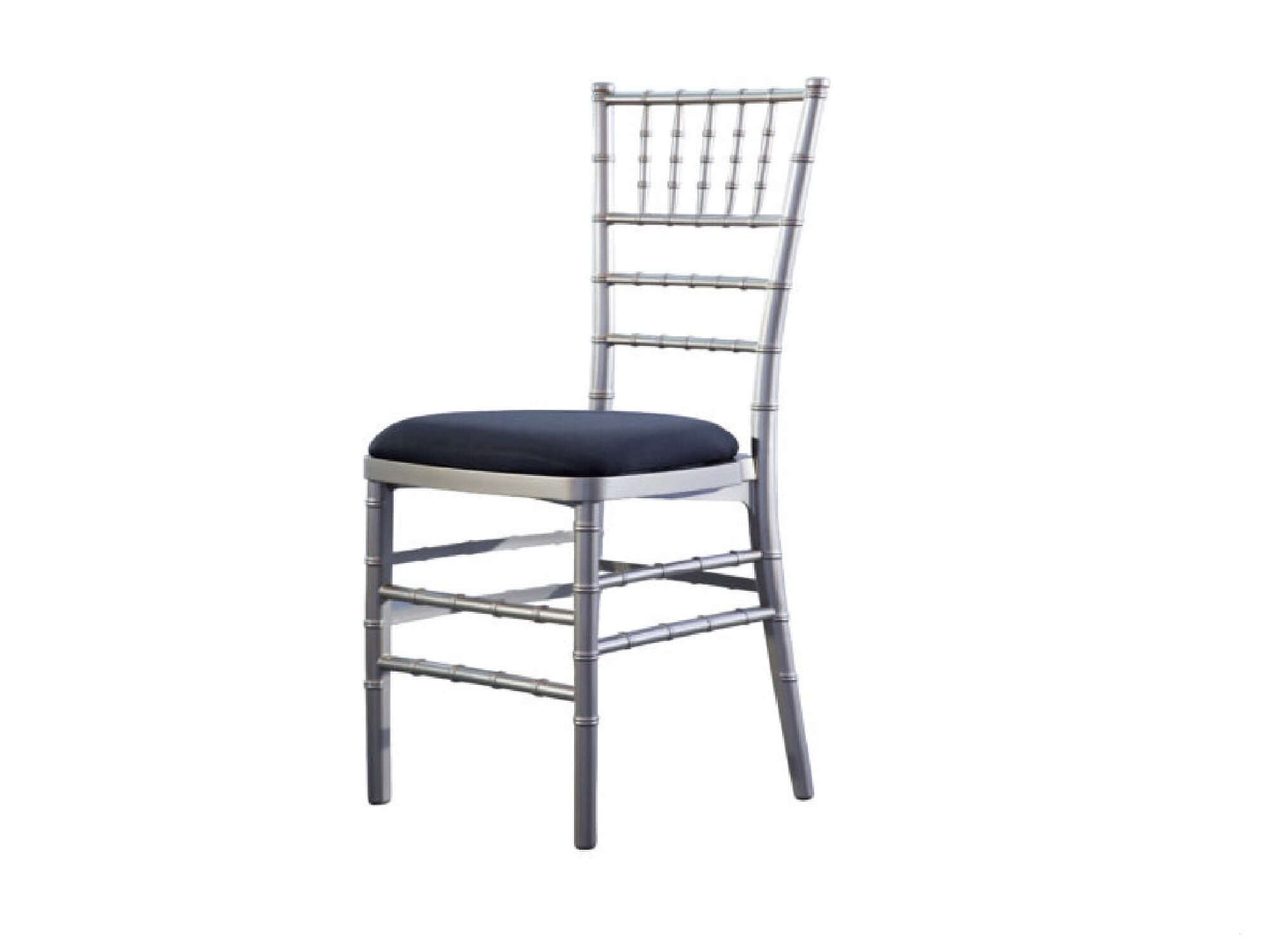 CHIAVARI CHAIR - SILVER - H 36.25" / W 15.75" / D 18" LLL's Chiavari Chair in Silver is a traditional chiavari style dining chair with a soft metallic finish. This chair is made of solid silver resin that shines brilliantly in event venues. These chairs a