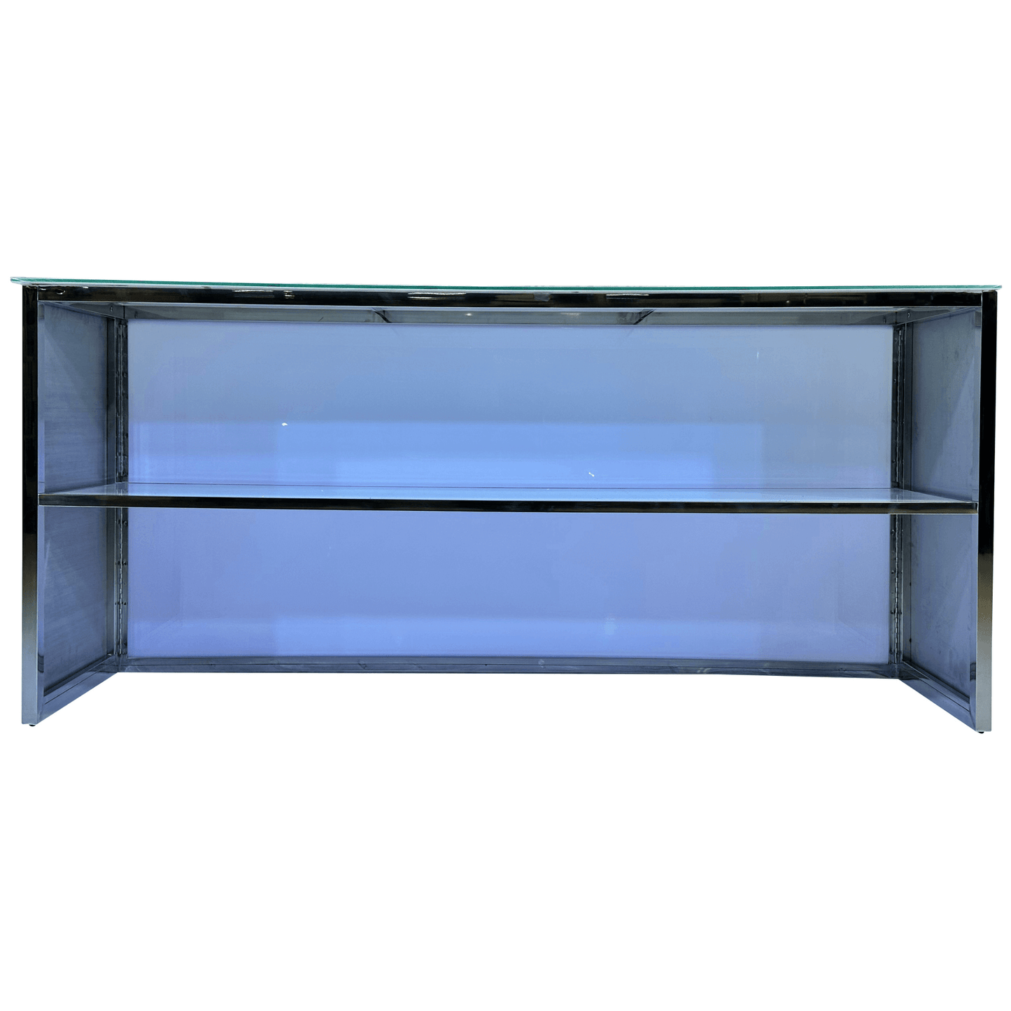 SKYY LOOP 8FT BAR - SILVER - H 43.5" / W 94.5" / D 24" / H (Shelf) 18.5" Introducing the LLL SKYY Loop 8ft Bar in Silver. This stunning piece is both beautiful and classy which will surely make your event stand out from the rest. Featuring a radiant metal