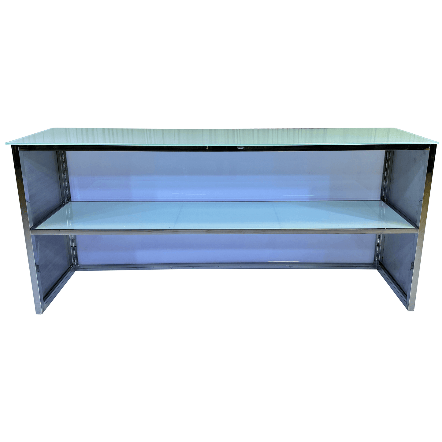 SKYY ROSE 8FT BAR - SILVER - H 43.5" / W 94.5" / D 24" / H (Shelf) 18.5" Celebrate a special occasion or elevate your event style with the LLL SKYY Rose 8ft Illuminated Bar in Silver! This sleek metallic gold bar offers a stunning high-end focal point tha