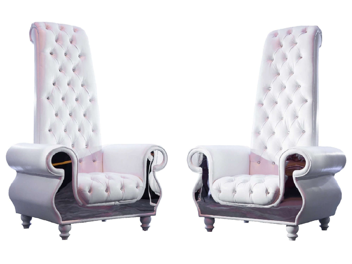 STUDIO 93 THRONE CHAIR - WHITE - H 71" / W 41" / D 32" / D(seat) 26" Reign supreme over your party in the Studio 93 throne chair. This chair stands at almost 6ft tall while sporting white diamond tufted patent leather and mirror detail. Its modern design