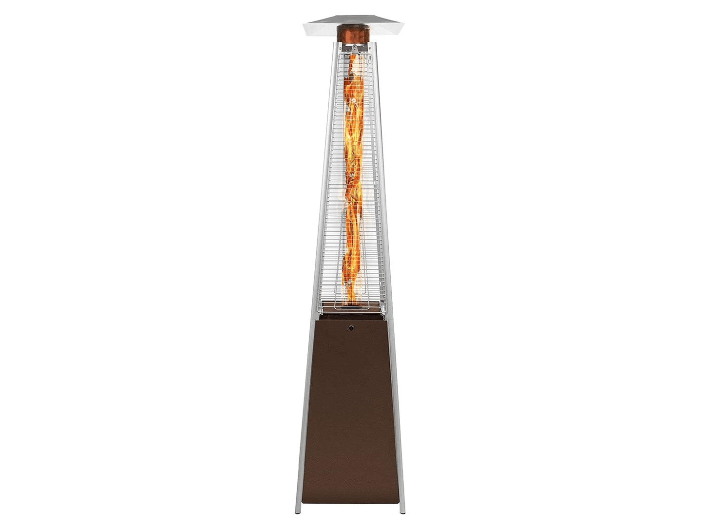 SUNSHINE PATIO PYRAMID HEATER - H 89.4" / Base W 28.7" LLL's Sunshine Pyramid Heater is a triangular shaped heater that marries aesthetics with functionality. The glass tube running down the middle of this heater allows the tall flame to be visible. The S