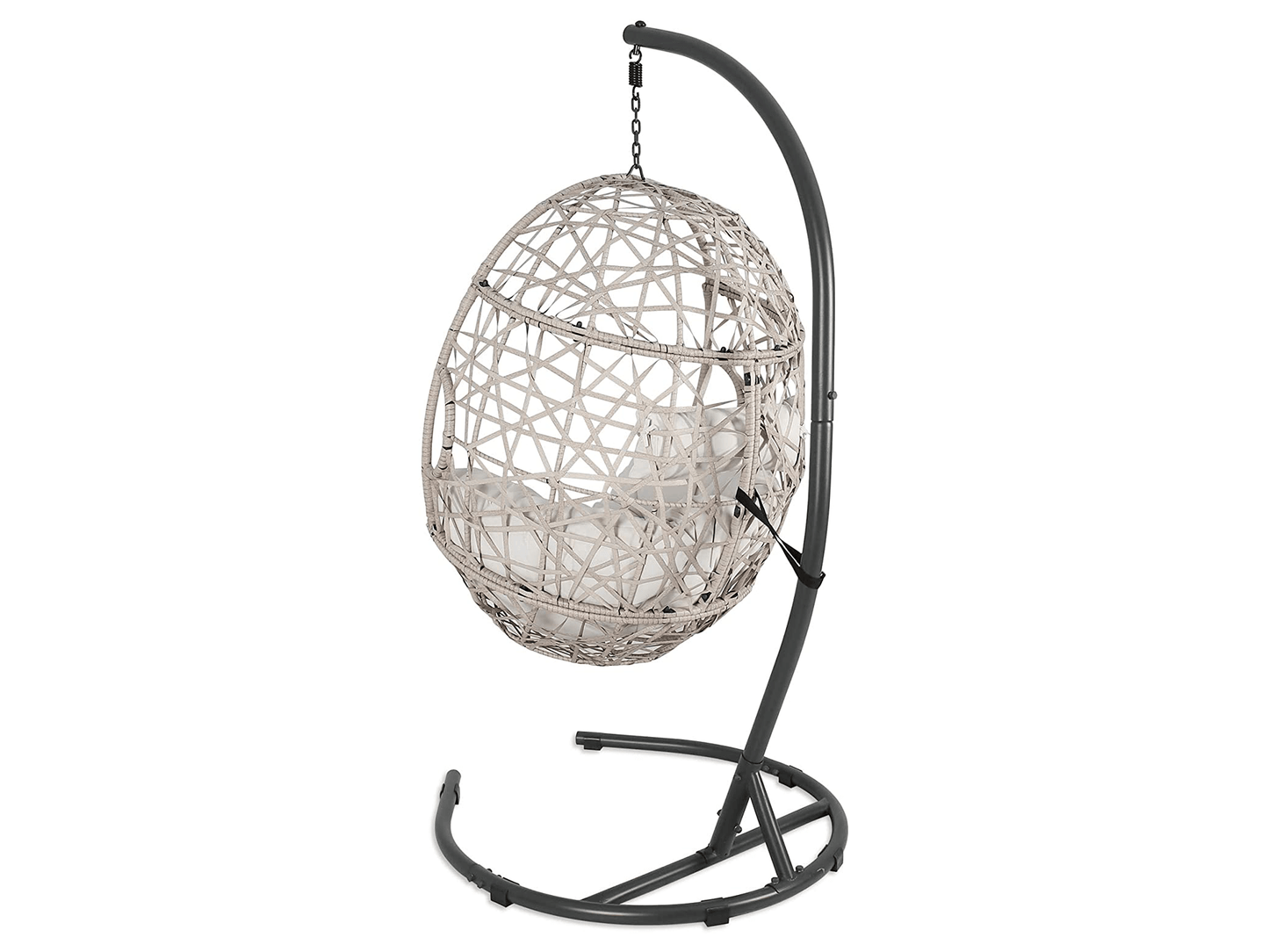 TAHITI EGG SWING - Overall H 81" / Seat H 45" / Base W 41.5" / Swing W 35" / Overall L 44" LLL's Tahiti Egg Swing is a scoop style wicker swing with ivory cushions for ultimate comfort. Rent this swing for an island or tranquil themed outdoor event.