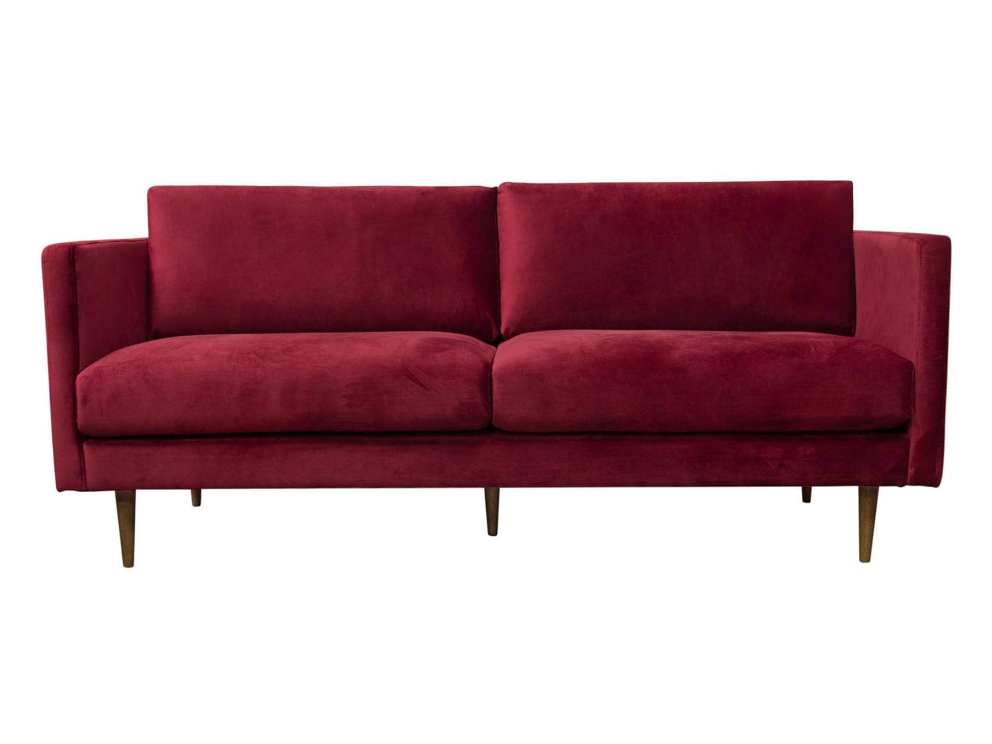 TAYLOR SOFA - H 31" / W 82" / D 35" LLL's Taylor Sofa in Burgundy is a contemporary smooth velvet sofa with wooden legs. This sofa is plush and comfortable with sizzling flare. Its bright burgundy color is sure to turn heads and its traditional style make