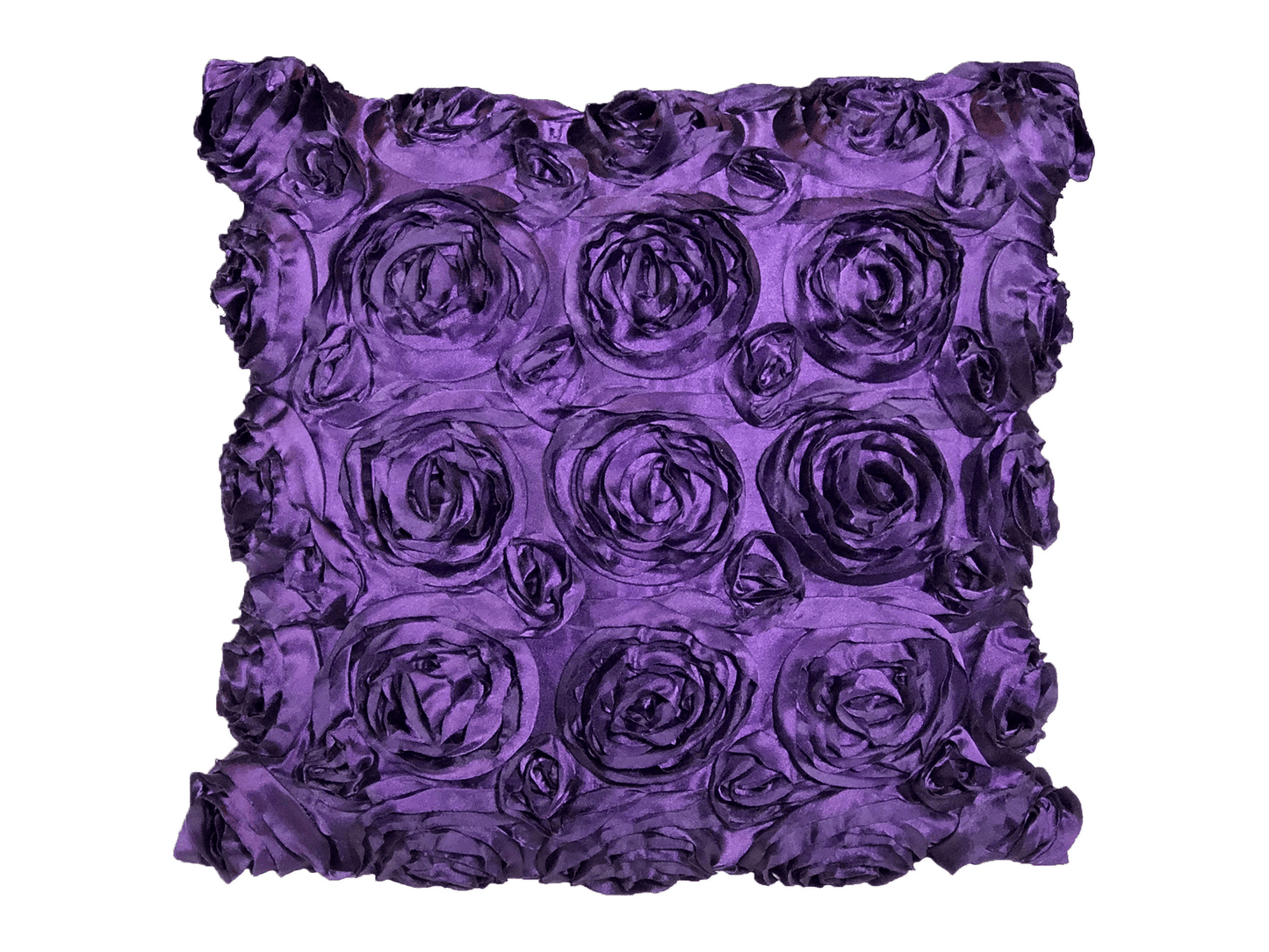 TEXTURED SATIN PILLOW - PURPLE ROSES - H 20" / W 20" LLL's Textured Satin Pillow in Purple Roses is a square purple satin pillow with 3D fabric rose details designed to add texture and visual interest to your event decor.