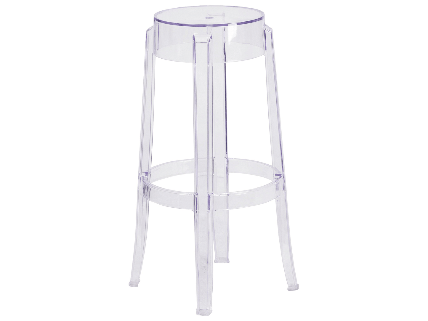 TRANSPARENT BARSTOOL - H 29.75" / W 14 / D 14 / Seat D 11.5" LLL's Transparent Barstool is a contemporary barstool with gently flared legs. The clear finish will lighten up & provide sophistication to any special event.