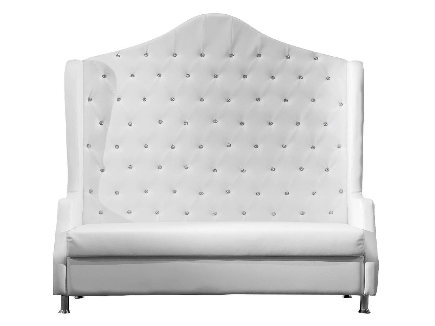 TRIBECA LOVESEAT - H 67" / W 57" / D 26" / D(seat) 23" The Tribeca loveseat is vintage glitz. This loveseat has white diamond tufted leather and features a high back with a peaked design that draws the eyes to you. Be the highlight of your event while sit