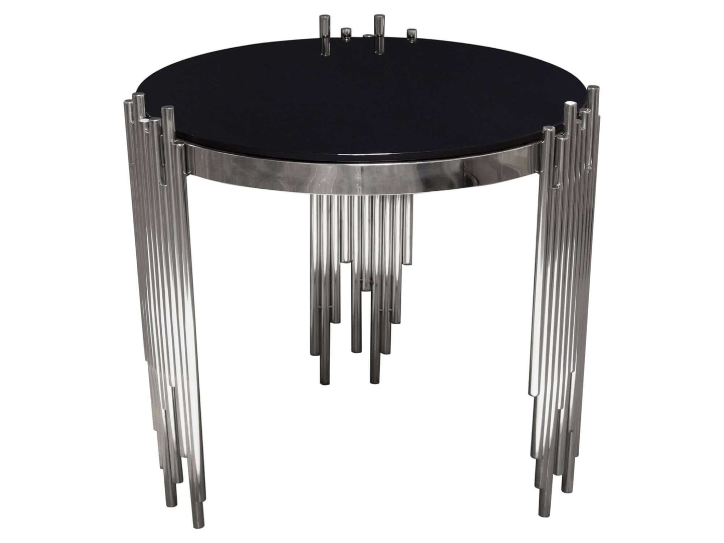 MIRAGE ACCENT TABLE - SILVER - H 23" / 24" Diameter LLL's Mirage Accent Table in Silver is a black glass accent table with a modern rustic silver base. This accent table is the perfect mix of natural lines and modern design. Add visual interest to your l