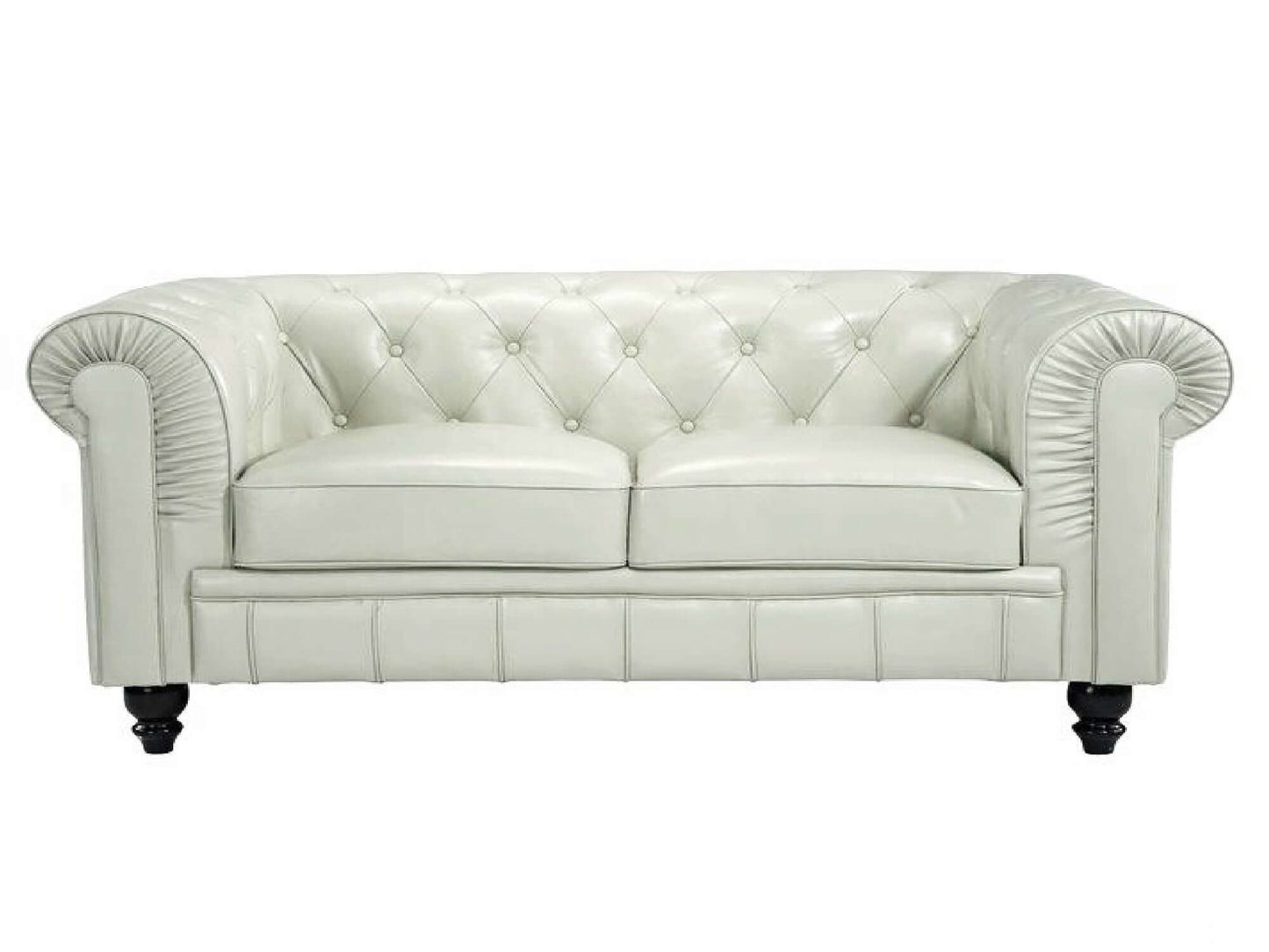 VIENNA LOVESEAT - H 29" / W 61" / D 31" LLL's Vienna Loveseat is an ivory leather button tufted Chesterfield style loveseat. Its classic design exudes class and tradition. This loveseat has old world style that creates a cozy and familiar environment in a
