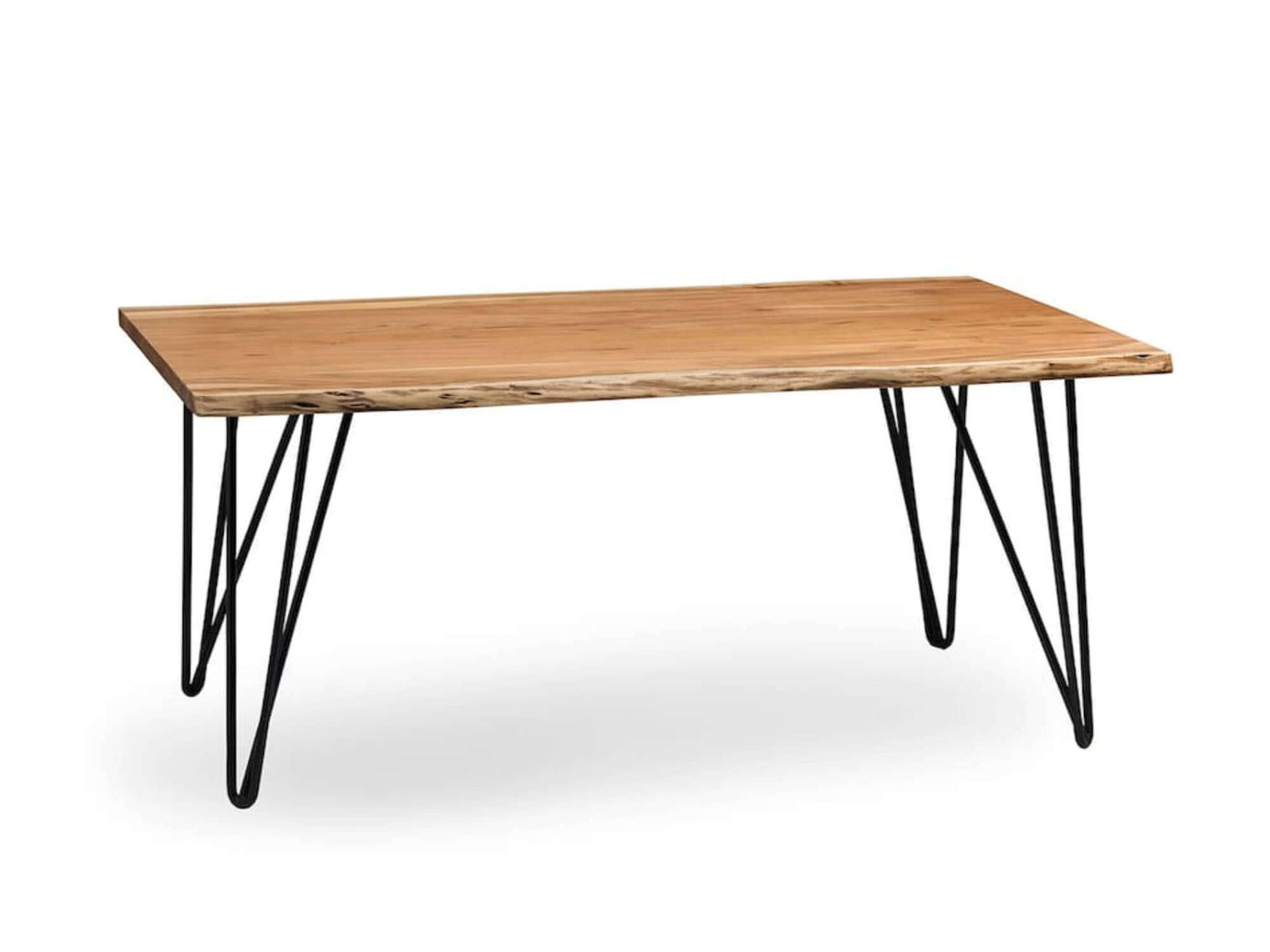VALLEY COFFEE TABLE - H 18" / W 42" / D 24" LLL's Valley Coffee Table is a rustic wood coffee table with hairpin legs. The natural wood top has an organic edge that radiates a simplistic elegance and the iron legs add a touch of urban style. This table ma