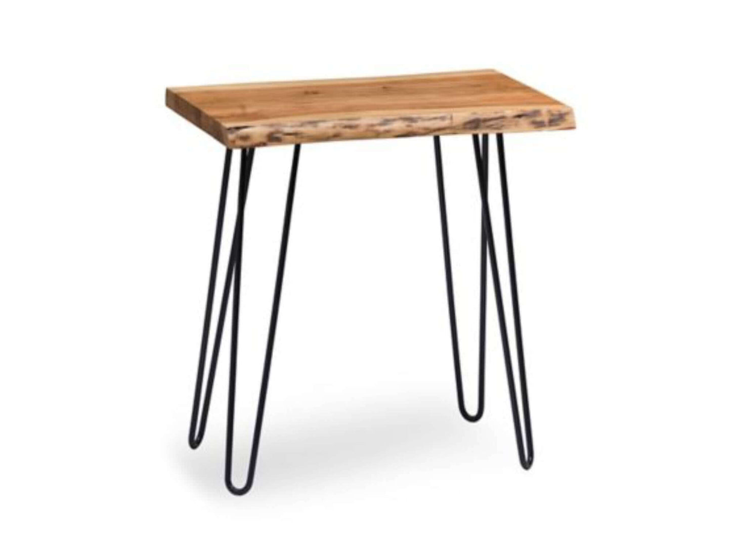 VALLEY ACCENT TABLE - H 27" / W 20" / D 15" LLL's Valley Accent Table is a rustic wood end table with hairpin legs. The natural wood top has an organic edge that radiates a simplistic elegance and the iron legs add a touch of urban style. This table marri