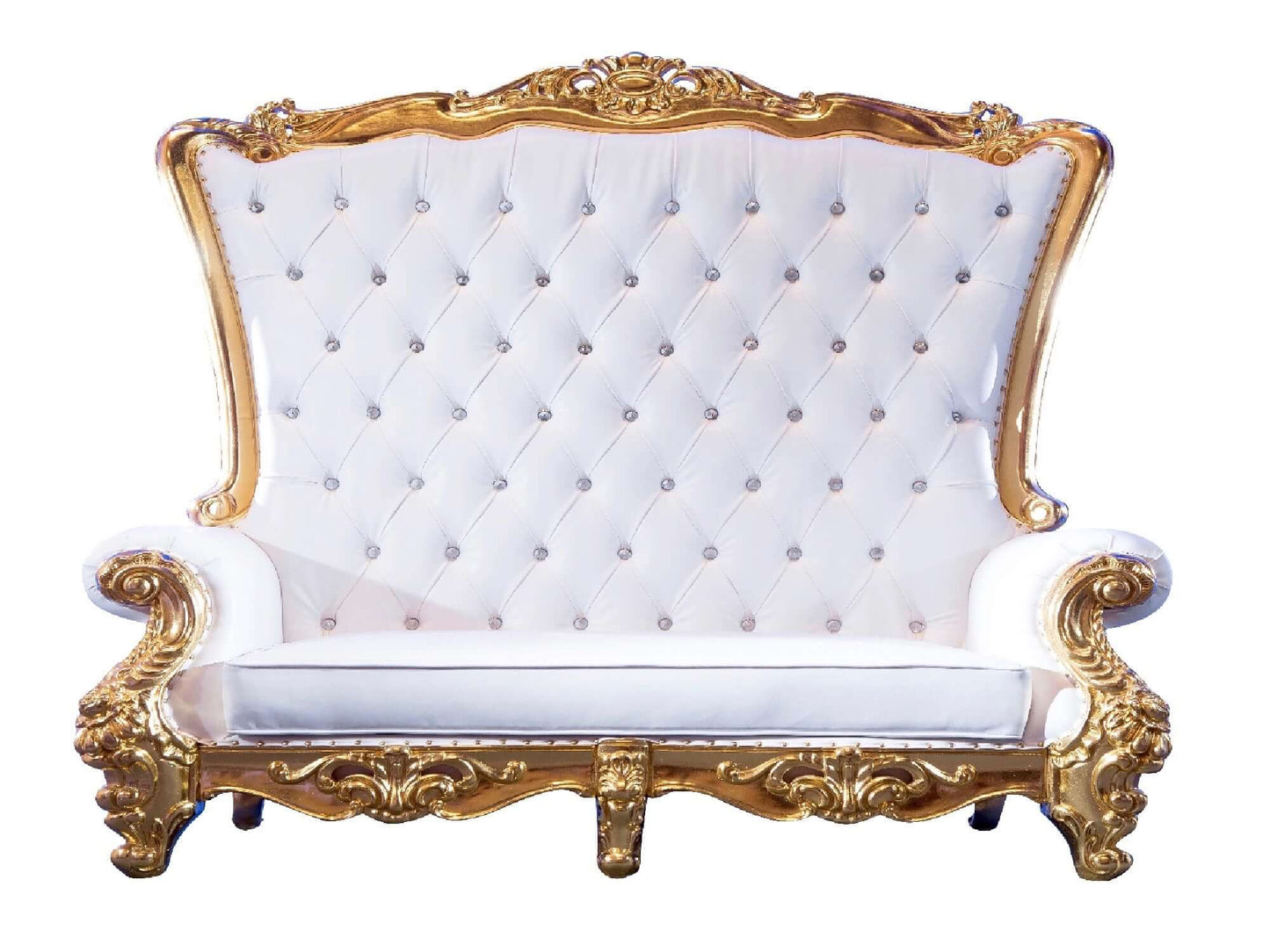 VICTORIA LOVESEAT - H 72" / W 66" / D 27" / D(seat) 25" The Victoria loveseat is stately in its elegance. White diamond tufted leather with impactful gold trim ensure that you will be the center of attention. This seat is perfect for weddings, birthdays a