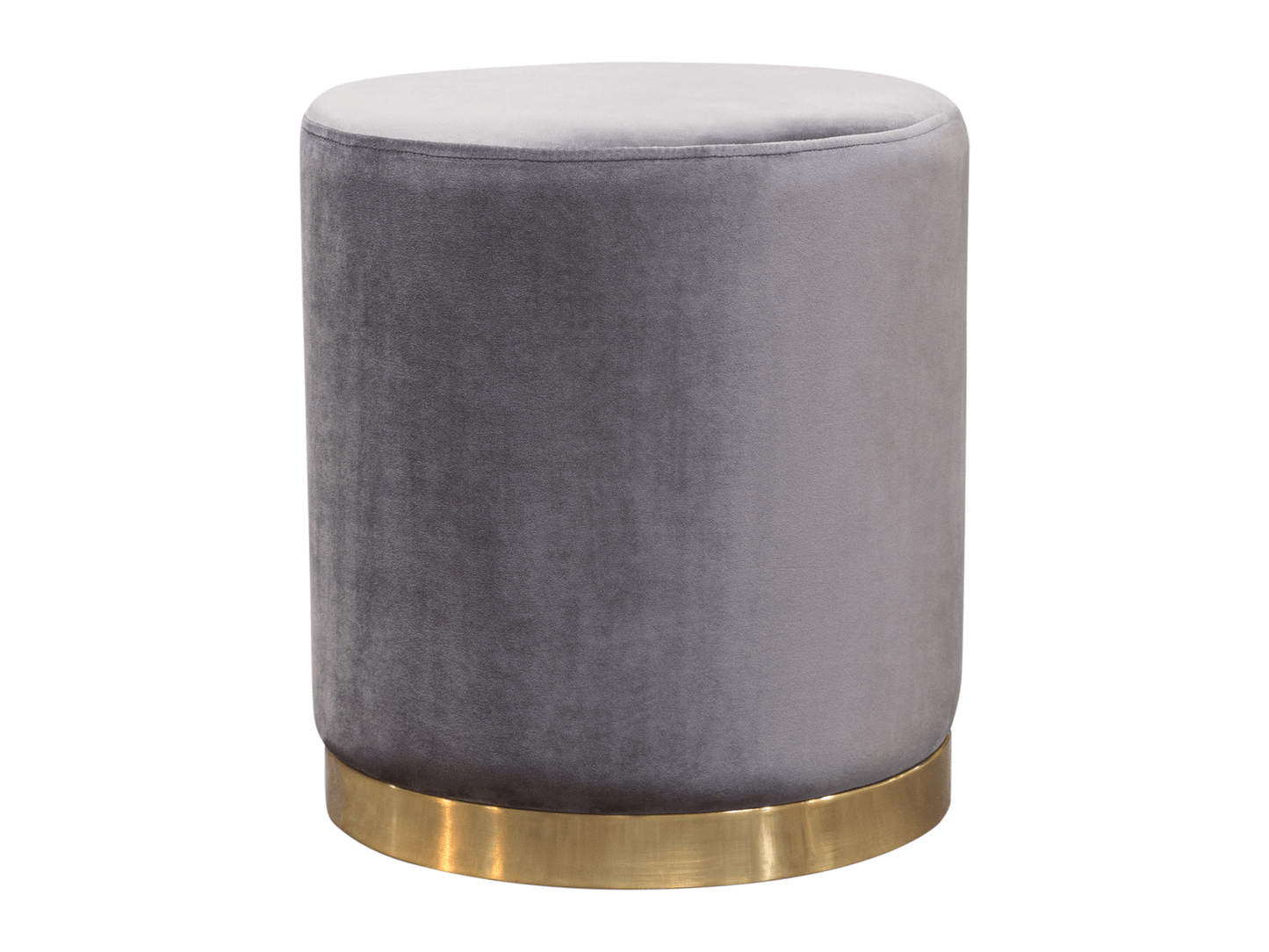 WHISPER PETITE ROUND OTTOMAN - GREY w/ GOLD BASE - H 19" / 17" Diameter LLL's Whisper Petite Round Ottoman in Grey is a velvet small round footstool style ottoman with a gold base. This lovely little ottoman is an on trend furniture accent that adds depth