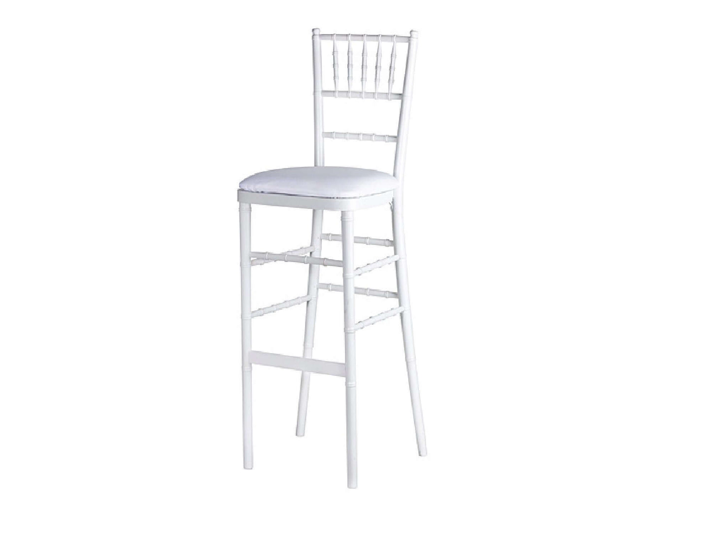 CHIAVARI BARSTOOL - WHITE - H 45" / W 18" / D 18" LLL's Chiavari Barstool in White is a bar height stool styled to resemble traditional Chiavari dining chairs. It has a solid white finish that provides a light effortless chic to your event.