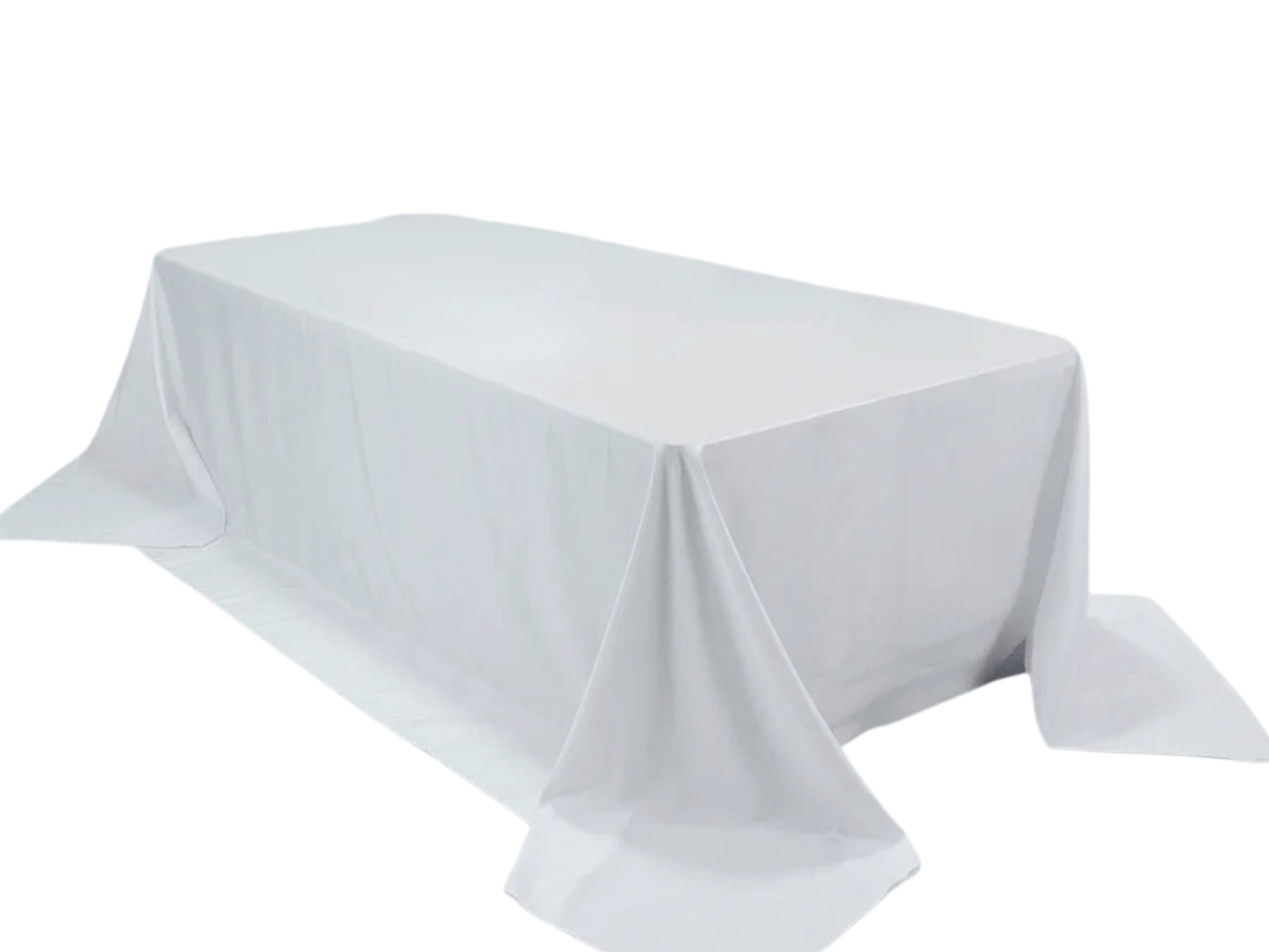 RECTANGULAR POLY LINEN | 108” x 156” - WHITE - W 108” x L 156” High quality polyester linen in White that fits as floor length linen on a 8ft Estate Table. Traditional polyester linens are an industry standard that create a neat and uniform appearance whe