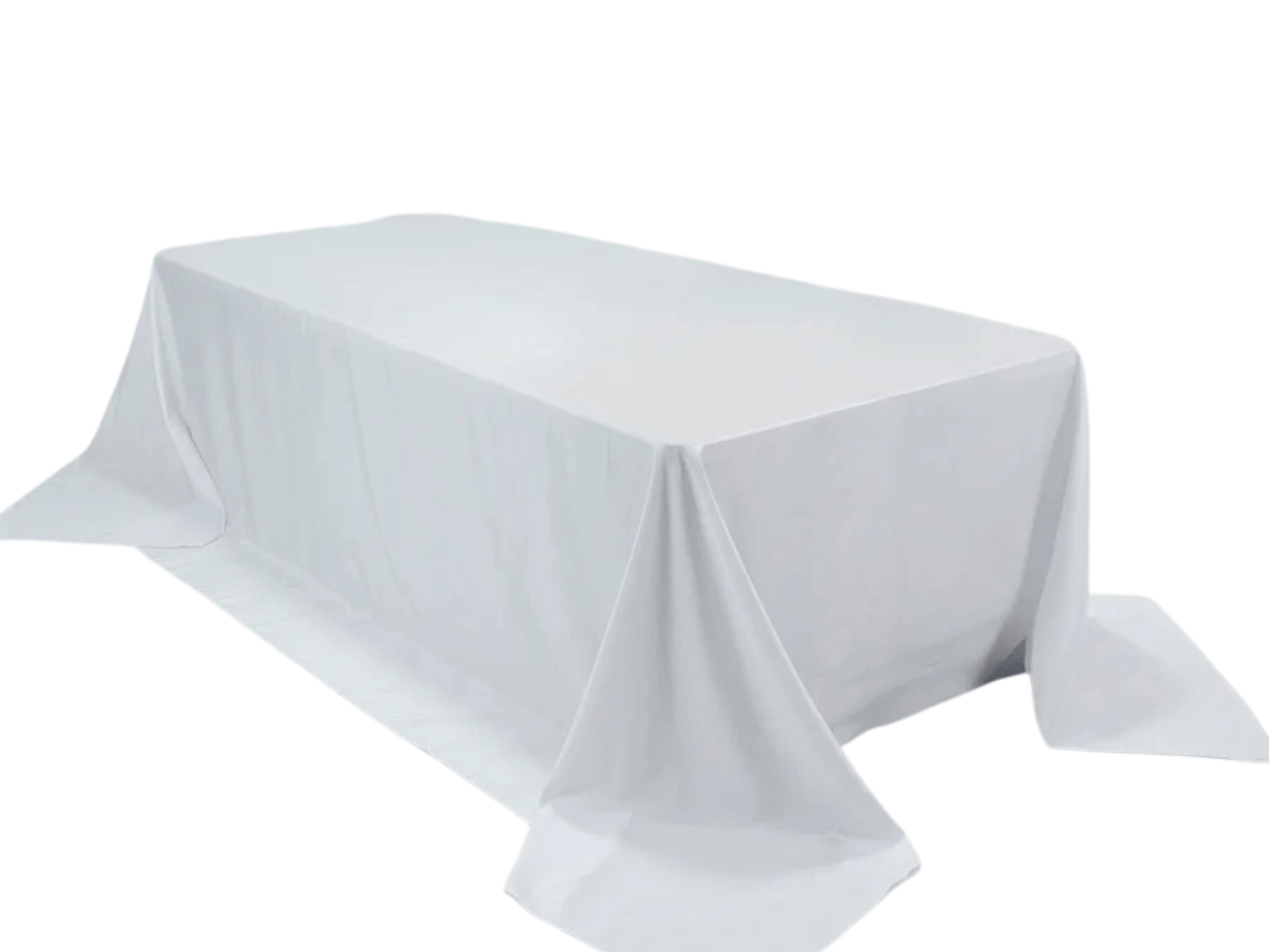 RECTANGULAR POLY LINEN | 108” x 156” - WHITE - W 108” x L 156” High quality polyester linen in White that fits as floor length linen on a 8ft Estate Table. Traditional polyester linens are an industry standard that create a neat and uniform appearance whe