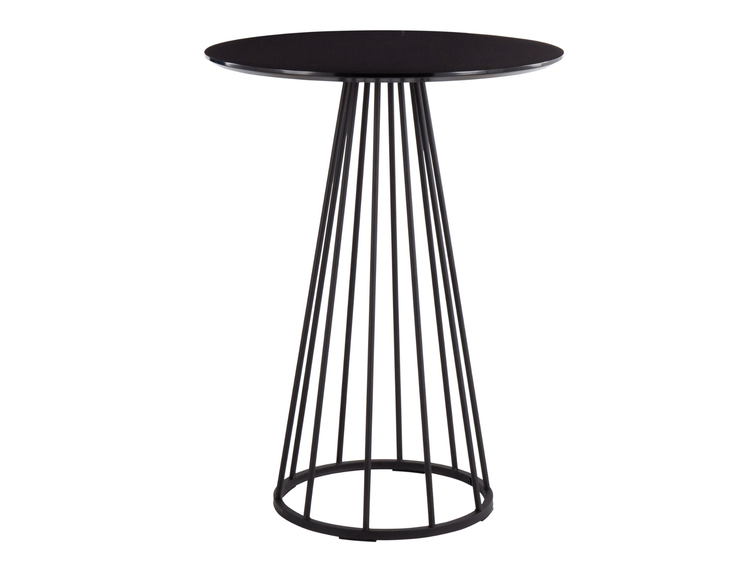 BISTRO HIGHBOY - BLACK W/ BLACK BASE - H 42" / 27" Diameter LLL’s Bistro Highboy - Black w/ Black Base flaunts a round shaped black table top with a black caged wire pedestal base that creates a bold mid-century modern look. Stand in a group at this table