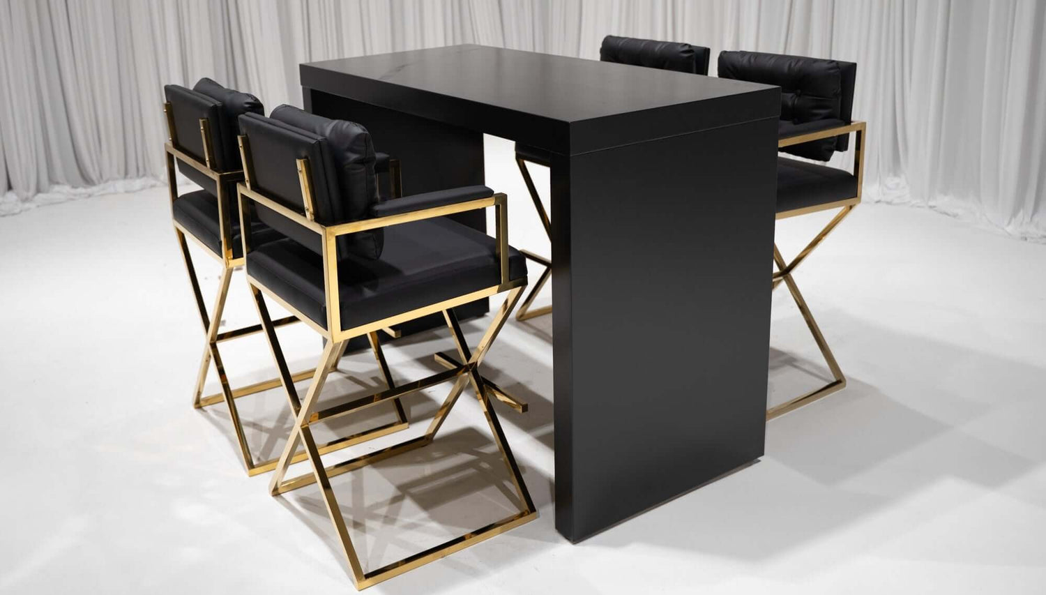BARCELONA DIRECTOR'S CHAIR GROUPING 1 - BLACK W/ GOLD BASE - Featured Items in this grouping include: Barcelona Director's Chair - Black W/ Gold base Peachtree Communal Table - Black