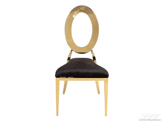 BELLAGIO CHAIR - GOLD W/ BLACK LEATHER CUSHIONS - H 38" / W 18" / D 20" | Seat Height 16" Elevate your party style with the gorgeous Bellagio Chair. This chair is a modern twist on the classic "O" back chair. Choose from either the classic black leather b