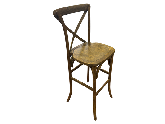 WOOD CROSS BACK BARSTOOL - PECAN - H 46” / W 18” / D 19” LLL's wood cross back barstool provide a contemporary rustic aesthetic to your event the are beautiful in both indoor and outdoor venues. The beauty of the natural wood brings a sophistication to a