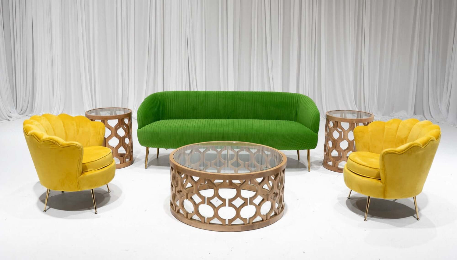 EMORY SOFA GROUPING 2 - PARROT GREEN - Featured Items in this grouping include: Emory Sofa - Parrot Green Celeste Armchair - Yellow Piedmont Coffee Table - Natural Wood Piedmont Accent Table - Natural Wood