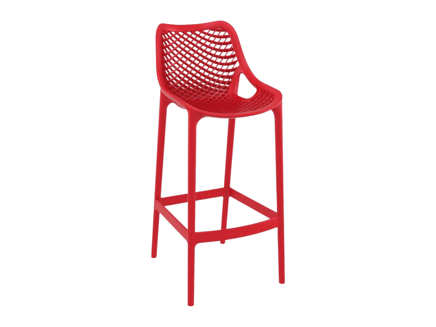 ATHENS BARSTOOL - RED - H 41.3” / W 17.7” / D 20.8” Seat Height 29.5” LLL's Athens Barstool in Red features a unique perforated pattern on both the backrest and seat. Its durable yet lightweight construction makes it ideal for any type of event. Designed