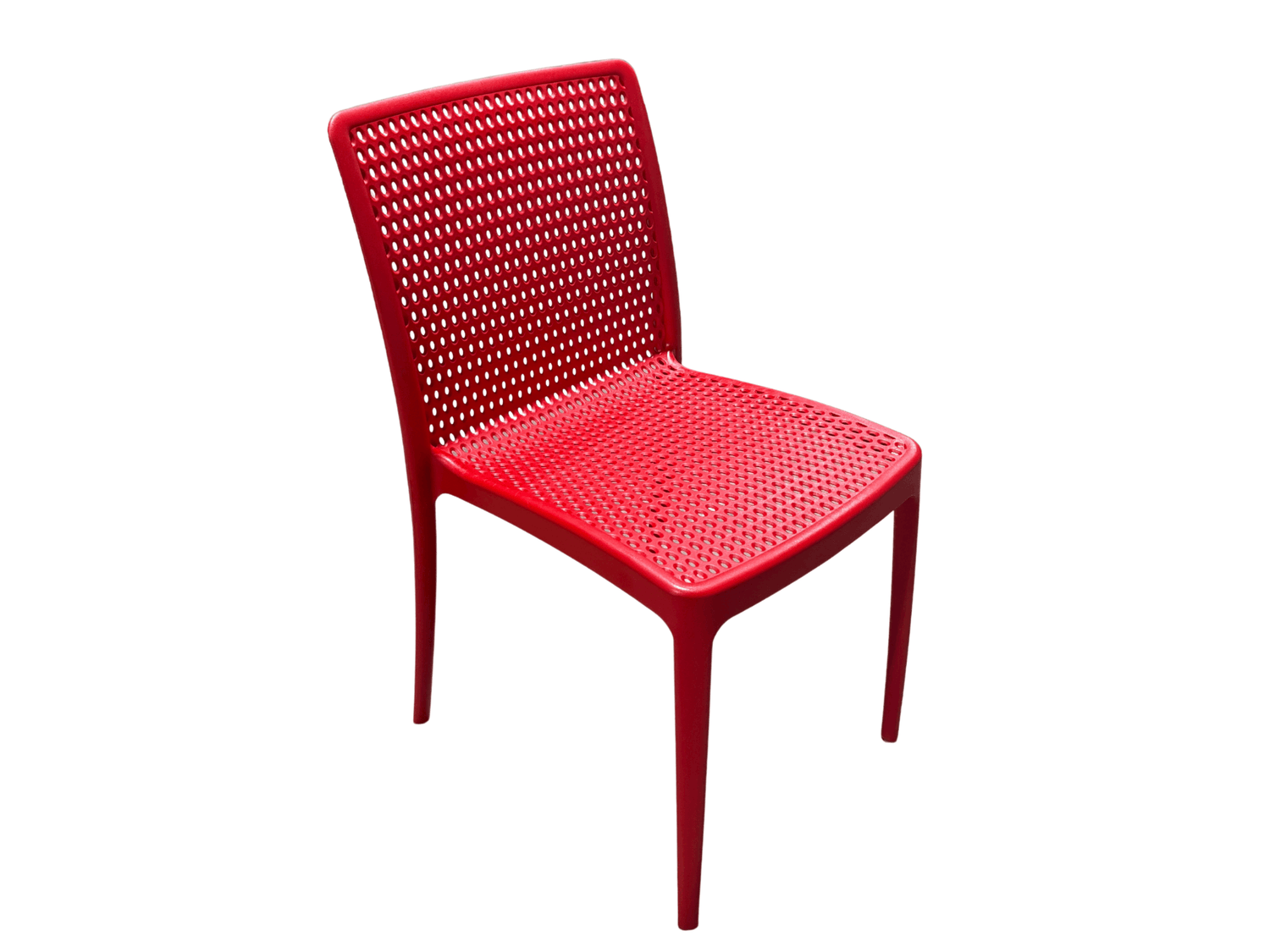 ATHENS CHAIR - RED - H 32.5" / W 20" / D 21.3" The LLL Athens Chair in Red features a unique perforated pattern on both the backrest and seat. Its durable yet lightweight construction makes it ideal for any type of event. Designed for both visual impact a