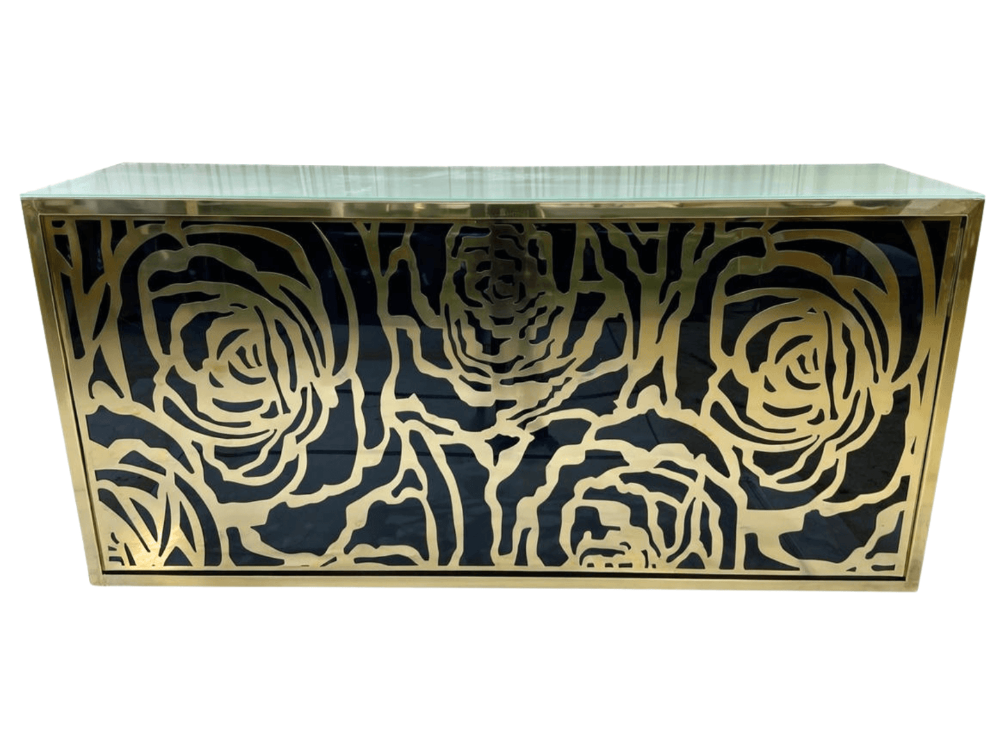 SKYY ROSE 8FT BAR - BLACK W/ GOLD - H 43.5" / W 94.5" / D 24" / H (Shelf) 18.5" Celebrate a special occasion or elevate your event style with the LLL SKYY Rose 8ft in Black! This sleek bar offers a stunning high-end focal point that will ensure your space
