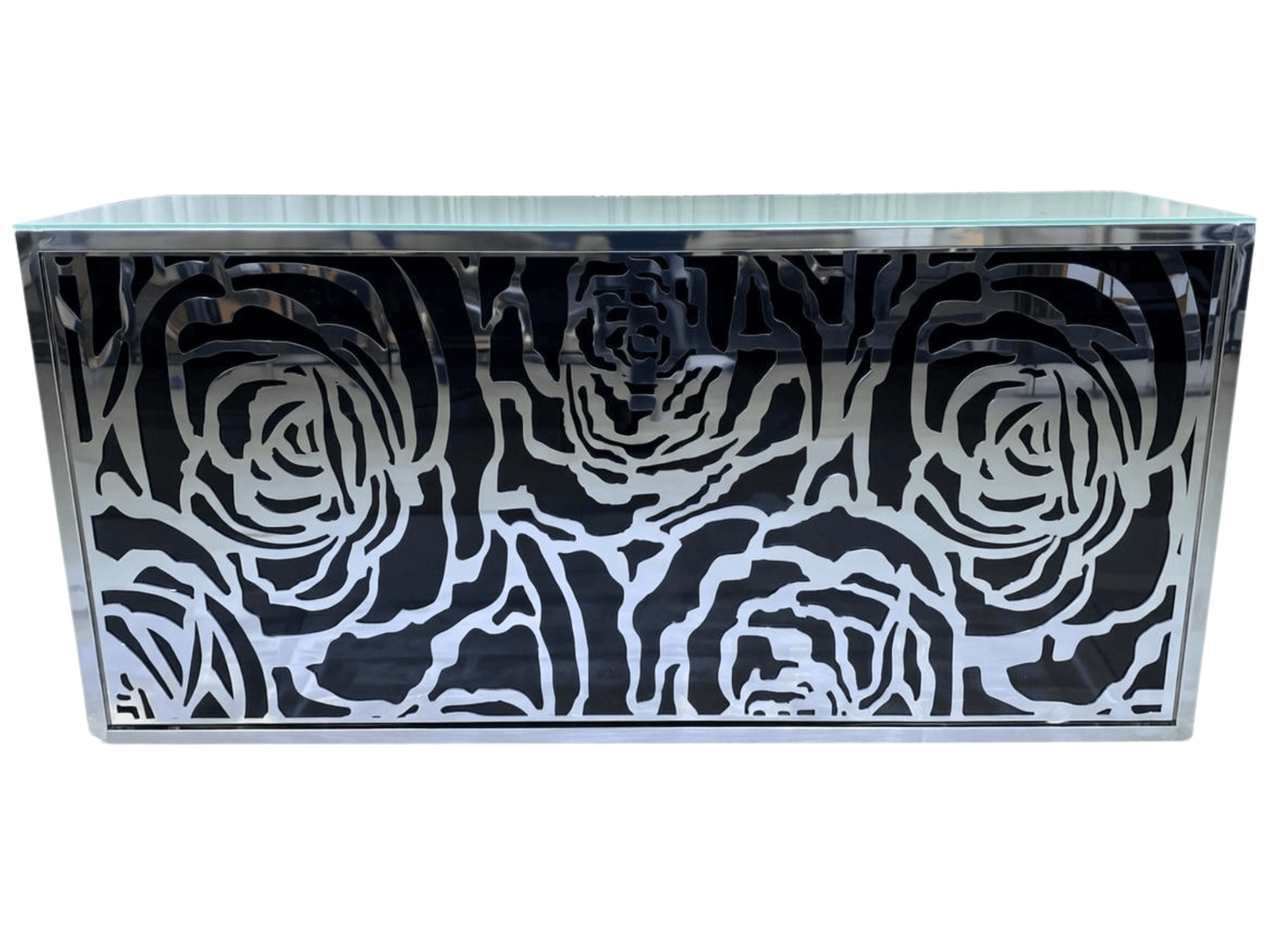SKYY ROSE 8FT BAR - BLACK W/ SILVER - H 43.5" / W 94.5" / D 24" / H (Shelf) 18.5" Celebrate a special occasion or elevate your event style with the LLL SKYY Rose 8ft in Black! This sleek bar offers a stunning high-end focal point that will ensure your spa