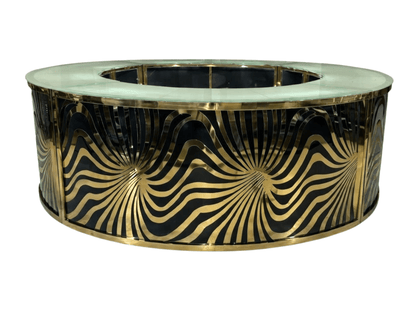 SKYY MOTION CIRCULAR BAR - BLACK W/ GOLD - 4 Piece: H 43.5" / W 132" / D 132" / H (Shelf) 18.5"3 Piece: H 43.5" / W 132" / D 120" / H (Shelf) 18.5" Set the perfect mood and ambiance with the LLL SKYY Motion Circular Bar in Black. This fully customizable a