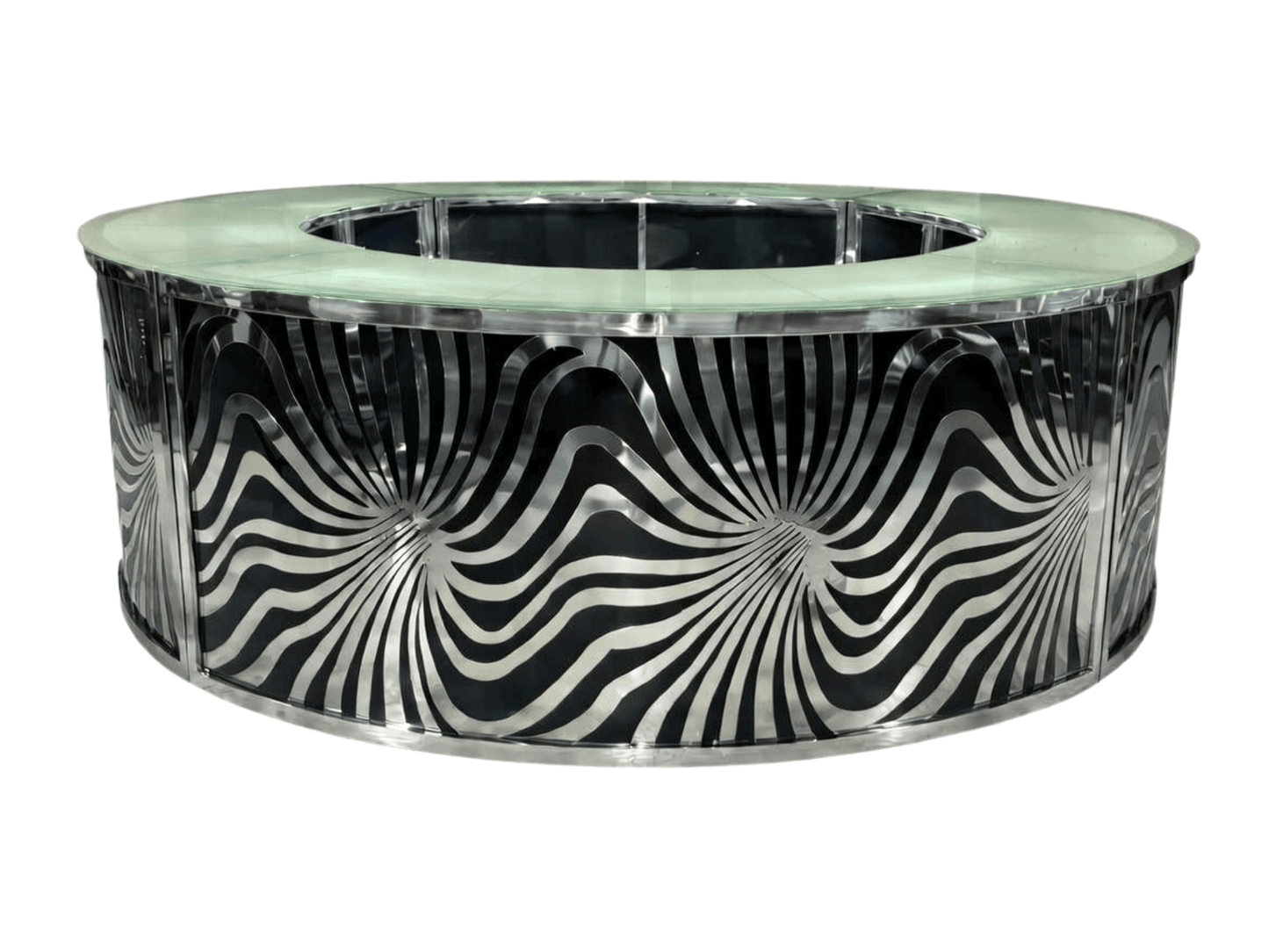 SKYY MOTION CIRCULAR BAR - BLACK W/ SILVER - 4 Piece: H 43.5" / W 132" / D 132" / H (Shelf) 18.5"3 Piece: H 43.5" / W 132" / D 120" / H (Shelf) 18.5" Set the perfect mood and ambiance with the LLL SKYY Motion Circular Bar in Black. This fully customizable