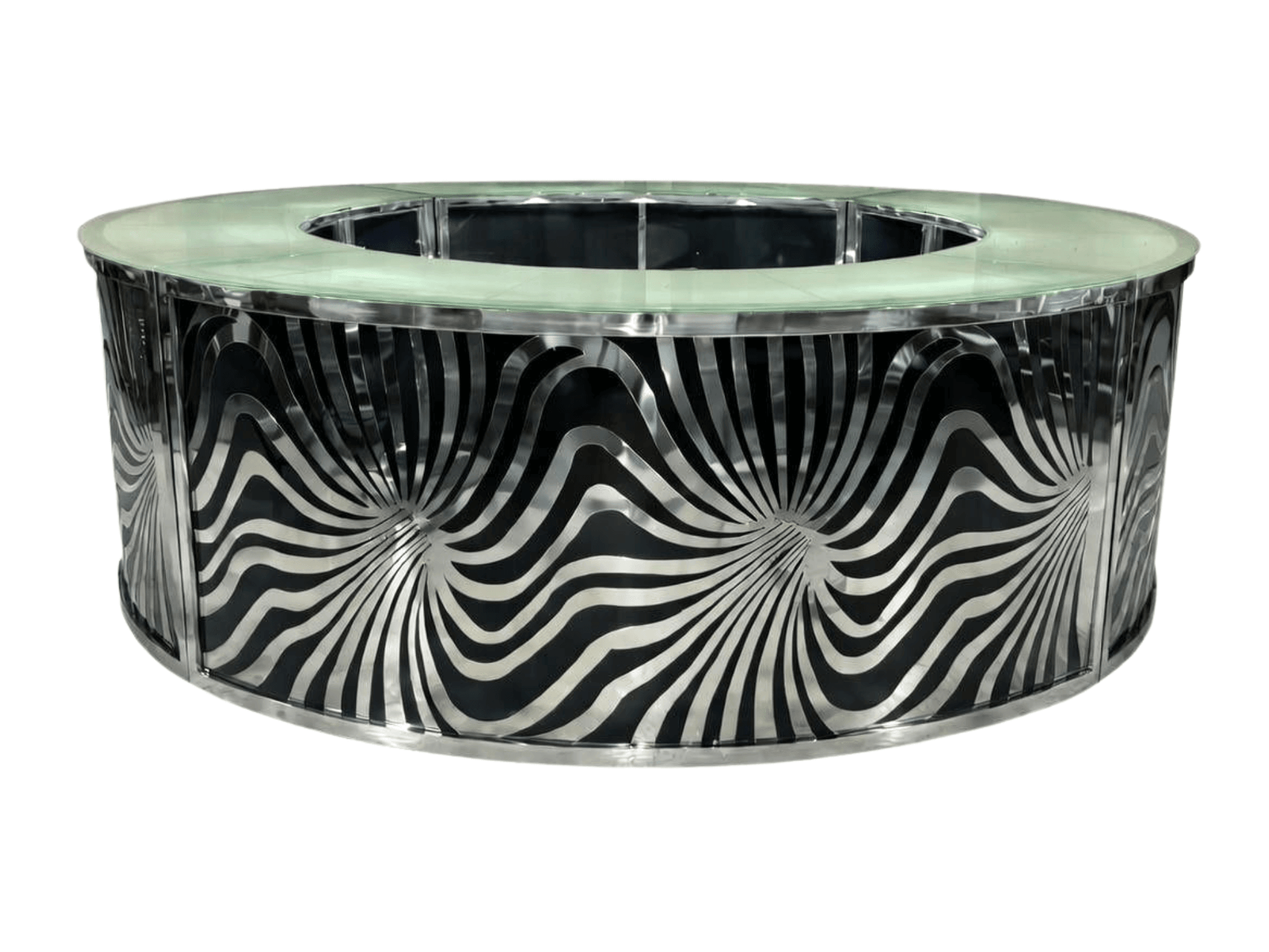 SKYY MOTION CIRCULAR BAR - BLACK W/ SILVER - 4 Piece: H 43.5" / W 132" / D 132" / H (Shelf) 18.5"3 Piece: H 43.5" / W 132" / D 120" / H (Shelf) 18.5" Set the perfect mood and ambiance with the LLL SKYY Motion Circular Bar in Black. This fully customizable