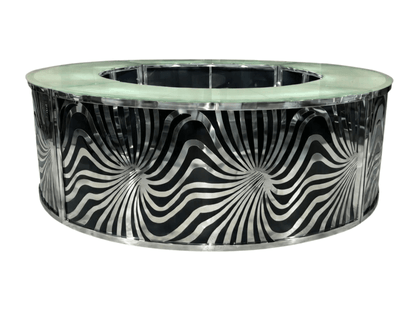 SKYY MOTION CIRCULAR BAR - BLACK W/ SILVER - 4 Piece: H 43.5" / W 132" / D 132" / H (Shelf) 18.5"3 Piece: H 43.5" / W 132" / D 120" / H (Shelf) 18.5" Set the perfect mood and ambiance with the LLL SKYY Motion Circular Bar in Black. This fully customizable