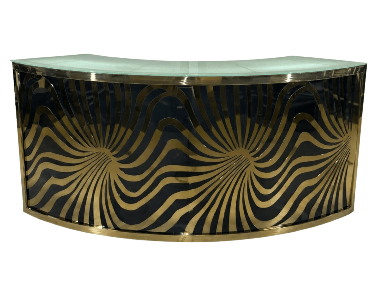 SKYY MOTION QUARTER CIRCLE BAR - BLACK W/ GOLD - H 43.5" / W 95" / D 24" / H (Shelf) 18.5" Set the perfect mood and ambiance with the LLL SKYY Motion Quarter Circle Bar in Black. This fully customizable and brandable metallic framed bar featuring a beauti