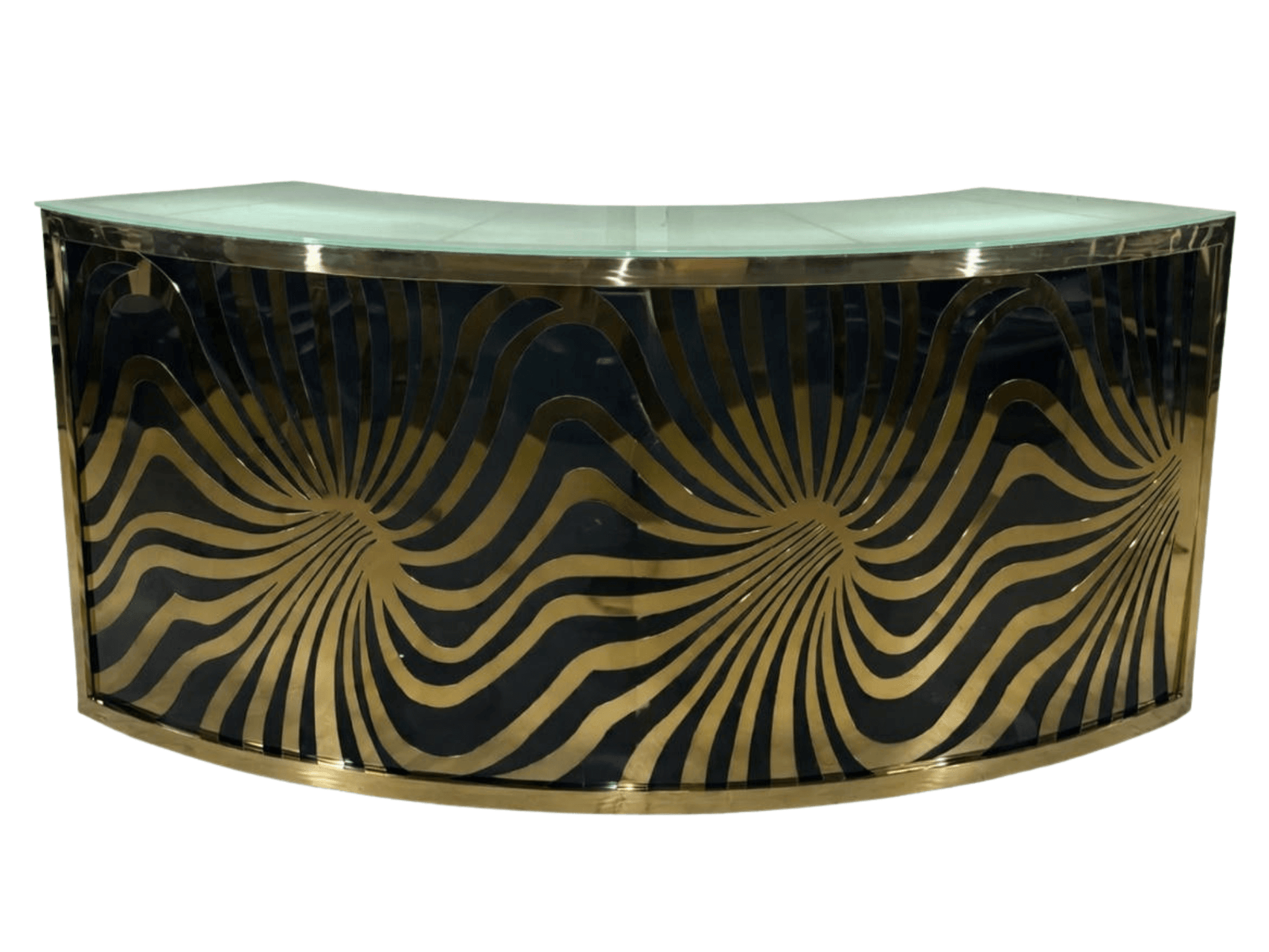 SKYY MOTION QUARTER CIRCLE BAR - BLACK W/ GOLD - H 43.5" / W 95" / D 24" / H (Shelf) 18.5" Set the perfect mood and ambiance with the LLL SKYY Motion Quarter Circle Bar in Black. This fully customizable and brandable metallic framed bar featuring a beauti