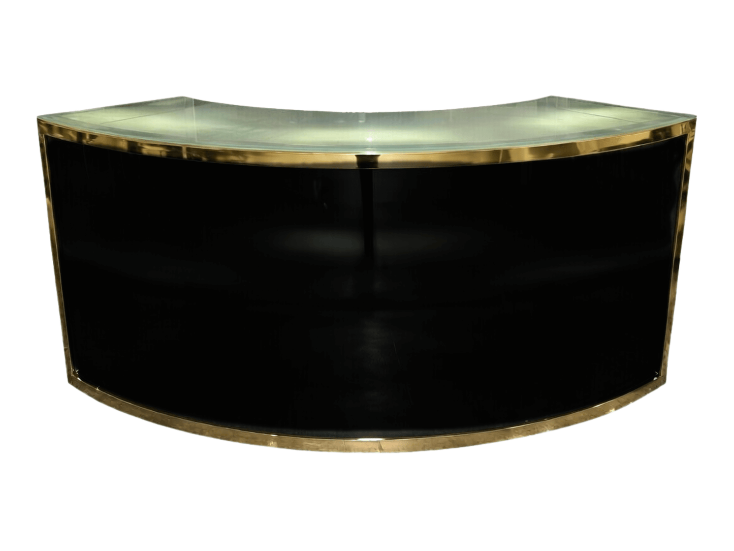 SKYY QUARTER CIRCLE BAR - BLACK W/ GOLD - H 43.5" / W 95" / D 24" / H (Shelf) 18.5" Brandable Area: H 42" / 102.25" W Set the perfect mood and ambiance with the LLL SKYY Quarter Circle Bar in Black. This fully customizable and brandable metallic framed ba