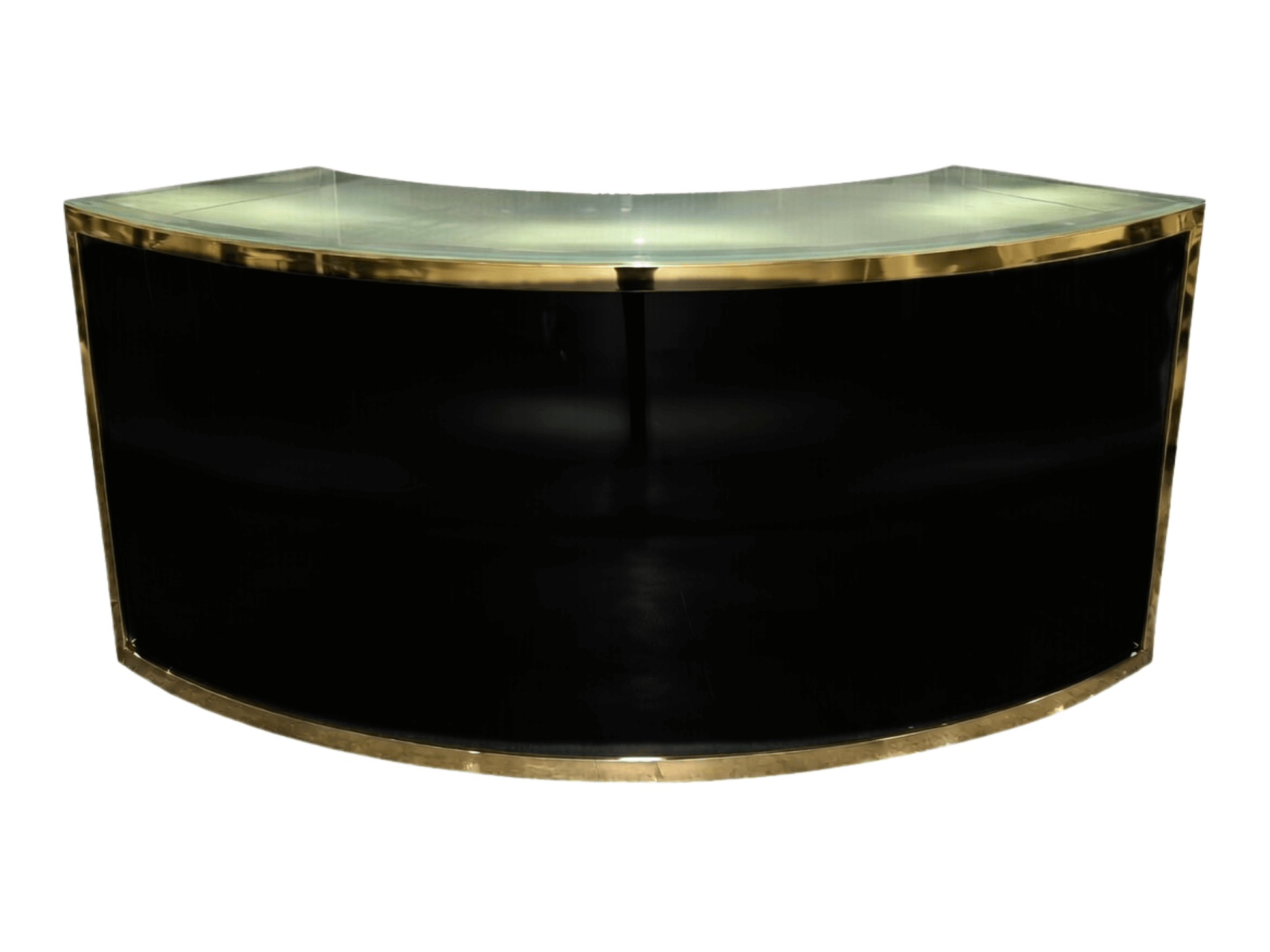 SKYY QUARTER CIRCLE BAR - BLACK W/ GOLD - H 43.5" / W 95" / D 24" / H (Shelf) 18.5" Brandable Area: H 42" / 102.25" W Set the perfect mood and ambiance with the LLL SKYY Quarter Circle Bar in Black. This fully customizable and brandable metallic framed ba