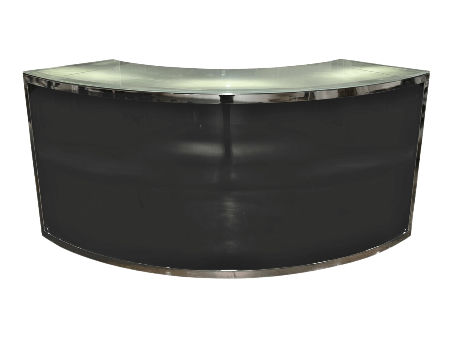 SKYY QUARTER CIRCLE BAR - BLACK W/ SILVER - H 43.5" / W 95" / D 24" / H (Shelf) 18.5" Brandable Area: H 42" / 102.25" W Set the perfect mood and ambiance with the LLL SKYY Quarter Circle Bar in Black. This fully customizable and brandable metallic framed