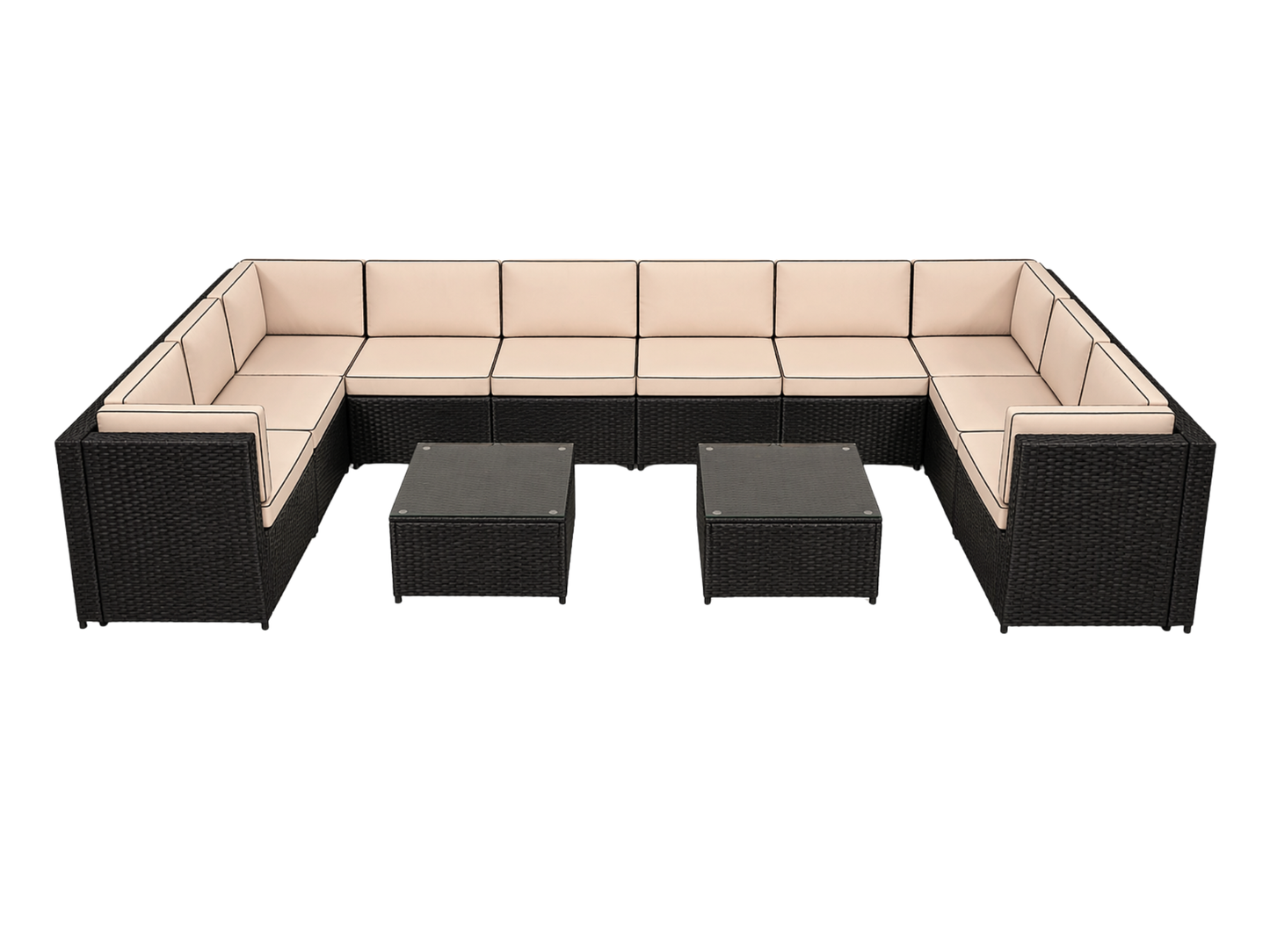 SUNSHINE 12pc "U" SHAPED SECTIONAL - The Sunshine "U" Shaped Sectional features 2 Sunshine corner sections and 8 Sunshine armless sections with glass top wicker coffee table. This contemporary style furniture will add flare to any outdoor event; perfect f