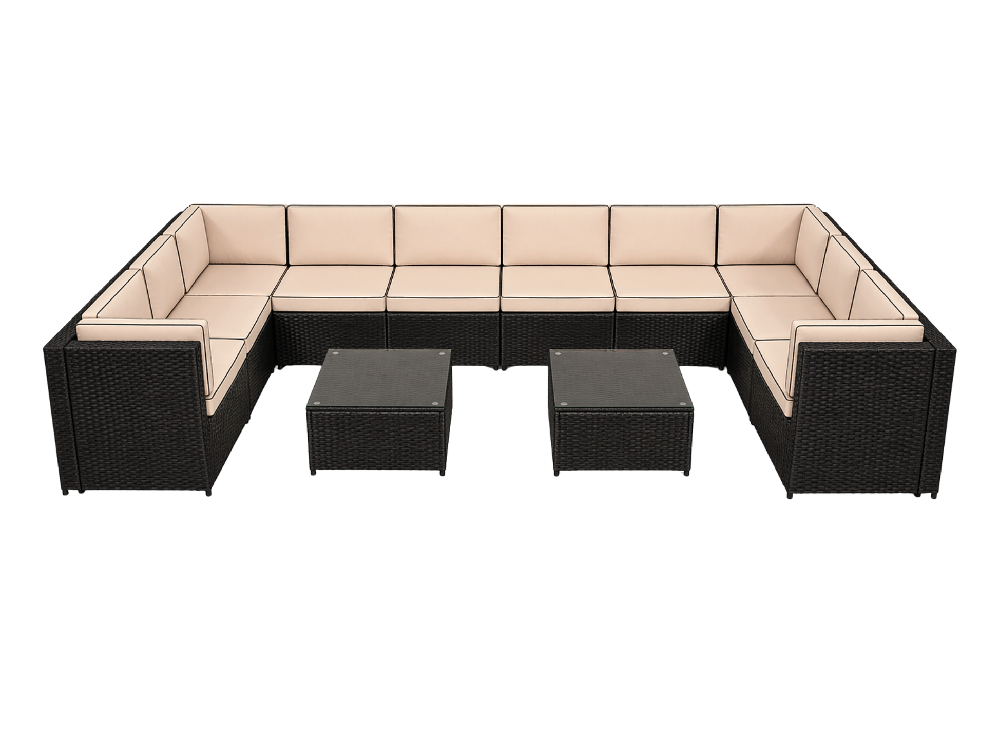 SUNSHINE 12pc "U" SHAPED SECTIONAL - The Sunshine "U" Shaped Sectional features 2 Sunshine corner sections and 8 Sunshine armless sections with glass top wicker coffee table. This contemporary style furniture will add flare to any outdoor event; perfect f