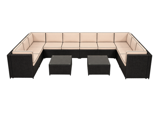 SUNSHINE 12pc "U" SHAPED SECTIONAL - The Sunshine "U" Shaped Sectional features 2 Sunshine corner sections and 8 Sunshine armless sections with glass top wicker coffee table. This contemporary style furniture will add flare to any outdoor event; perfect f
