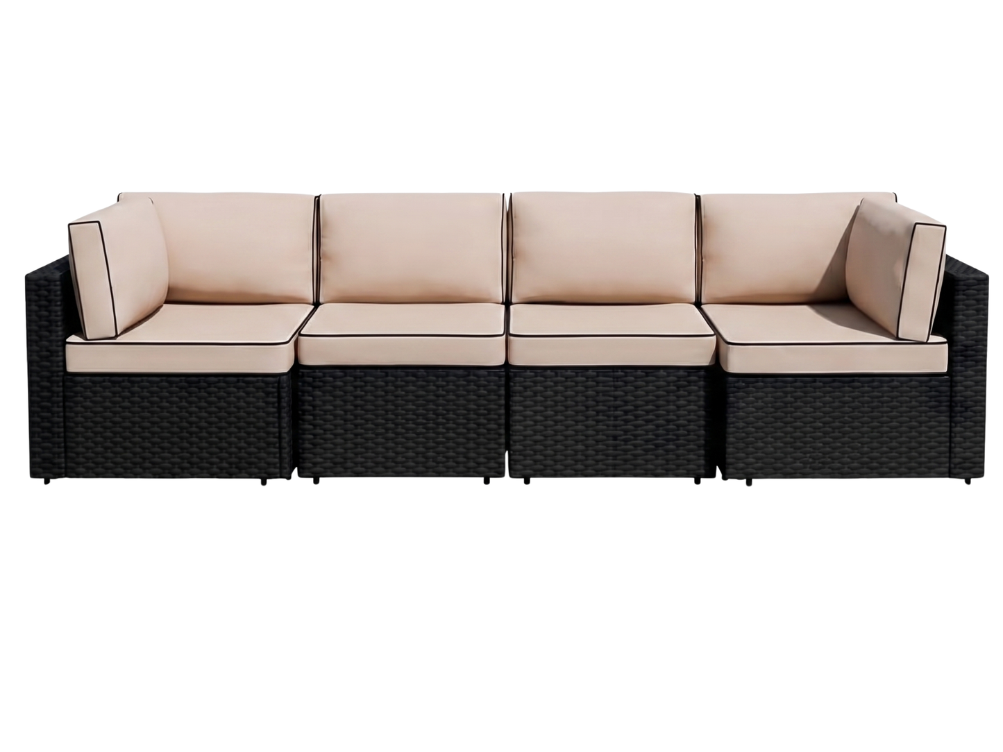 SUNSHINE 4PC SOFA - H 24.4" / W 109" / D 29.5" The Sunshine 4pc Sectional features 2 Sunshine corner sections and 2 Sunshine armless sections with glass stop wicker table. This contemporary style furniture will add flare to any outdoor event; perfect for