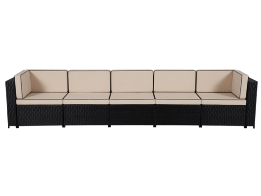 SUNSHINE 5PC SOFA - H 24.4" / W 135" / D 29.9" The Sunshine 5pc Sectional features 2 Sunshine corner sections and 3 Sunshine armless sections. This contemporary style furniture will add flare to any outdoor event; perfect for any time of the year. Conside