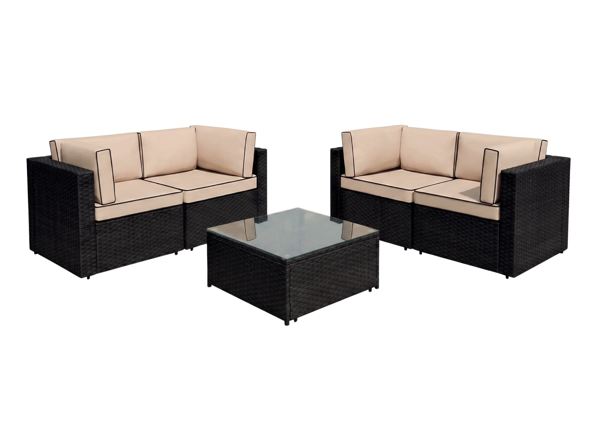 SUNSHINE 5PC LOUNGE SET - H 24" / W 52" / D 29.5" The Sunshine 5pc Lounge Set features 4 Sunshine corner with glass top wicker coffee table. This contemporary style furniture is perfect for gatherings and will add flare to any outdoor event; perfect for a