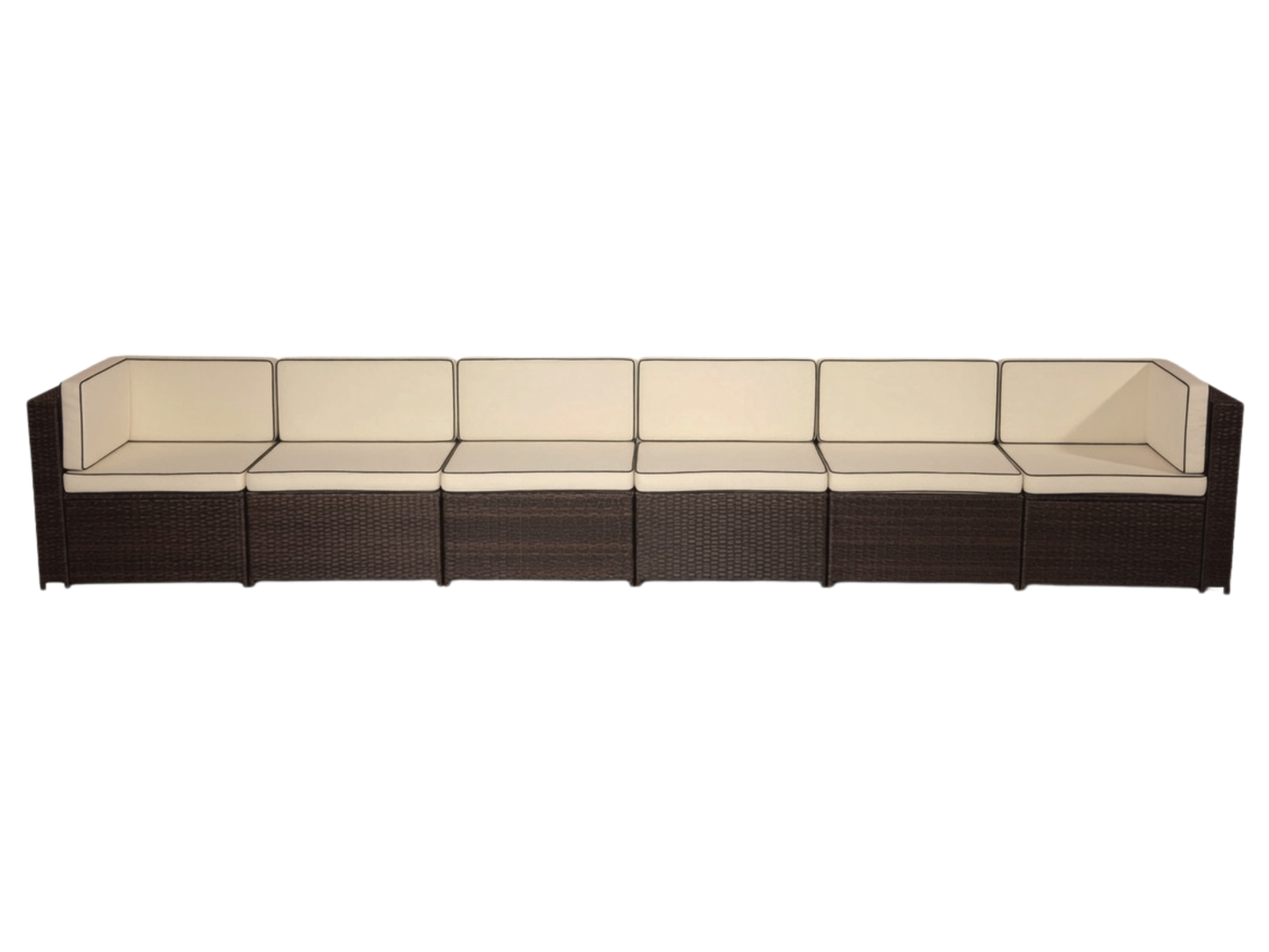 SUNSHINE 6PC LONG SOFA - H 24.4" / W 160" / D 29" The Sunshine 6pc Sectional features 2 Sunshine corner sections and 4 Sunshine armless sections. This contemporary style furniture will add flare to any outdoor event; perfect for any time of the year. Cons